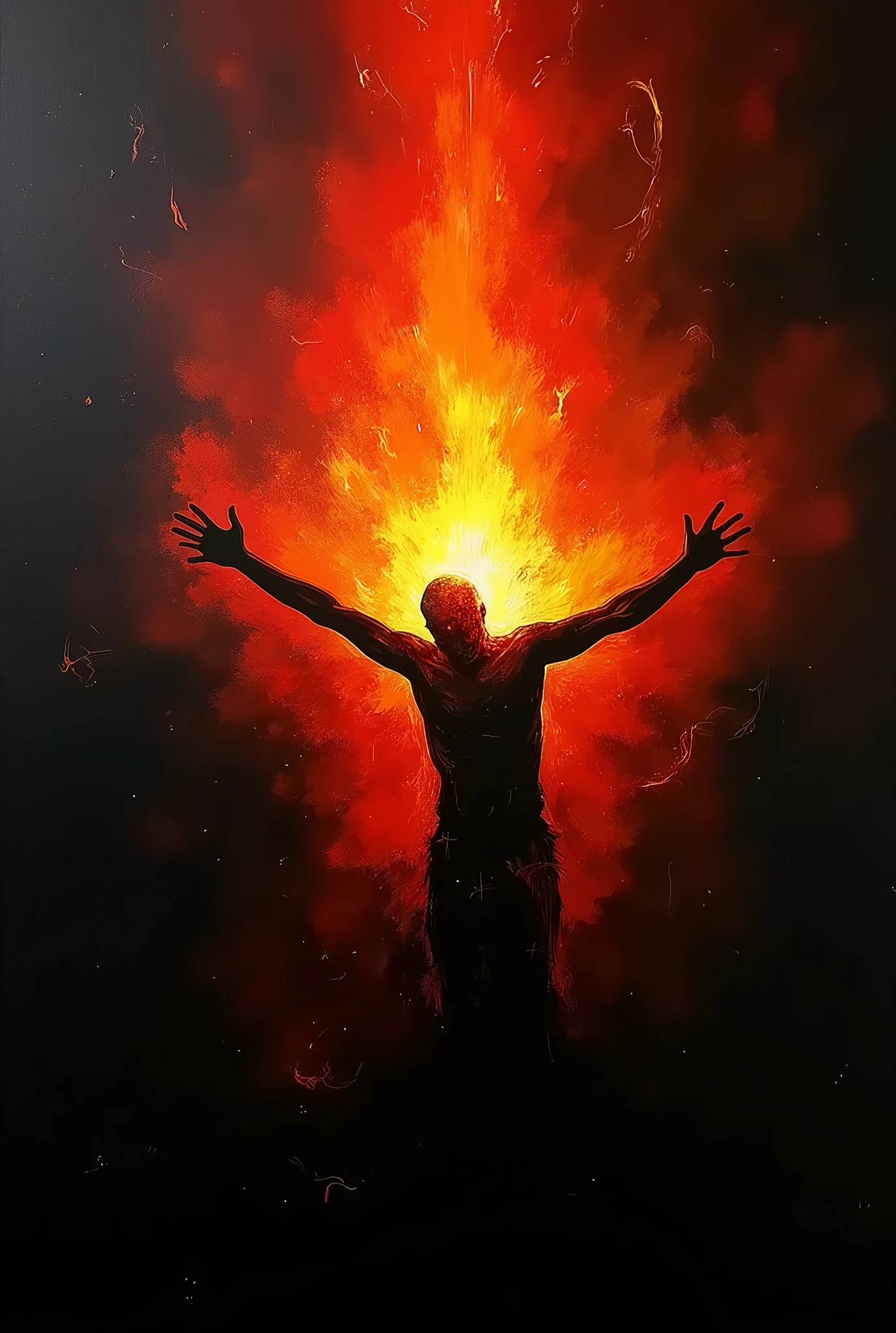 Painting of a man with his arms outstretched in front of a fiery fire ...