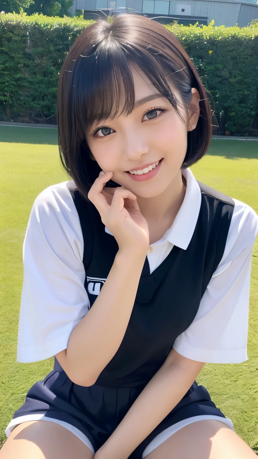 The beauty of 8K raw photos:2.0, short hair, , Japanese with great face and dark eyes, stare at the camera, upward glance, A big smile, show teeth, dynamic pose, (Spread legs on the field), (denim shorts:1.2), realistic:1.9, very detailed CG 統合 8k 壁紙, very detailed, High resolution RAW color photos, (from bottom:1.3), professional photos, Photographed at track field, girl sexy portrait
