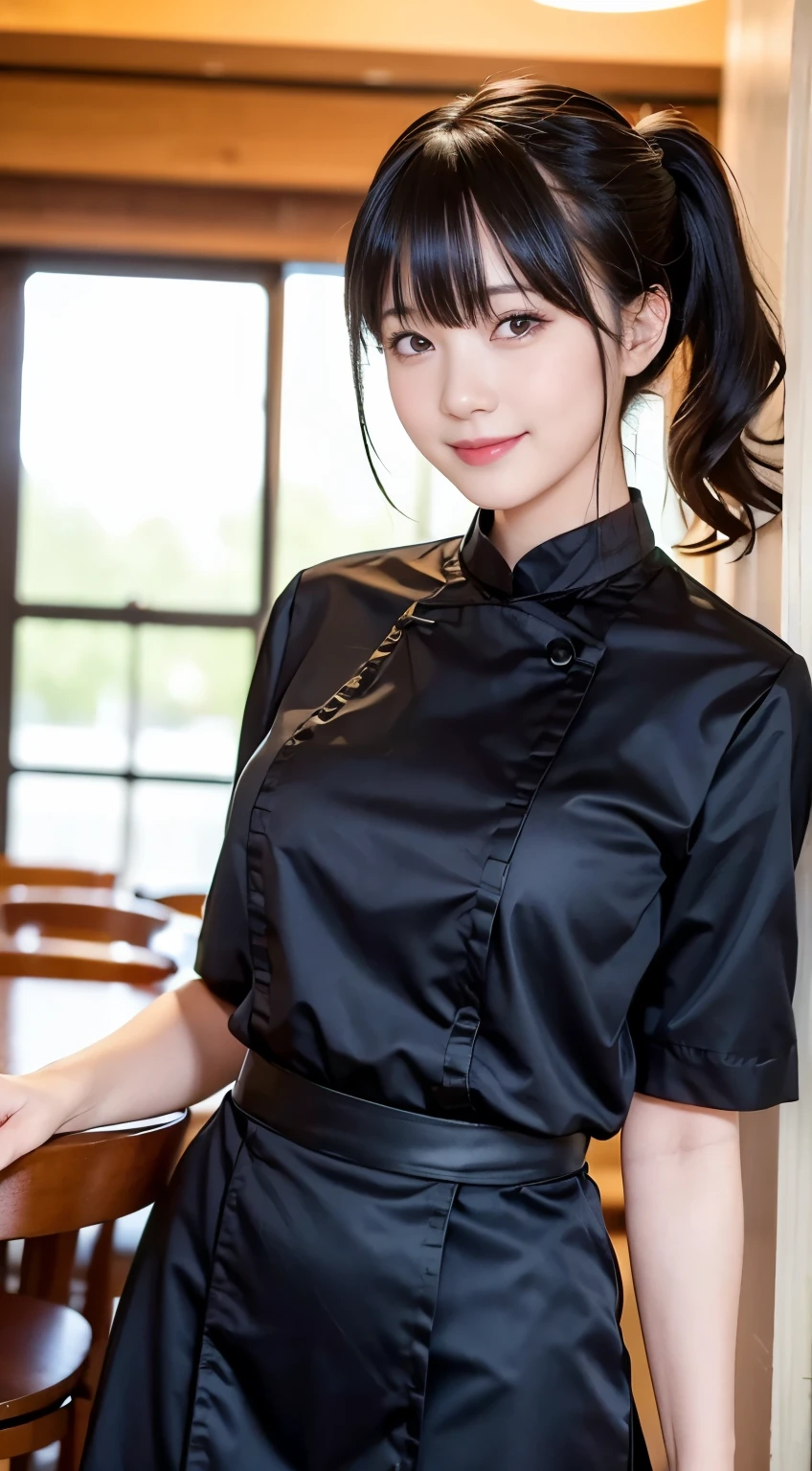 (Highest quality,masterpiece:1.3,Ultra-high resolution,),(Very detailed,Caustics),(Realistic:1.4,RAW shooting,)Ultra-Realistic Capture,Very detailed,High resolution 16k human skin closeup。 Natural skin texture、,pores、、、、It must be detailed enough to be easily identifiable。 Skin tone is even and healthy looking。 Use natural light and colour,restaurant,Waitress Uniform,1 girl,Japanese,18-year-old,cute,Black-haired,ponytail,Big Breasts,smile,Turn your body forward,(Front view:1.1),Looking into the camera,Cowboy Shot,