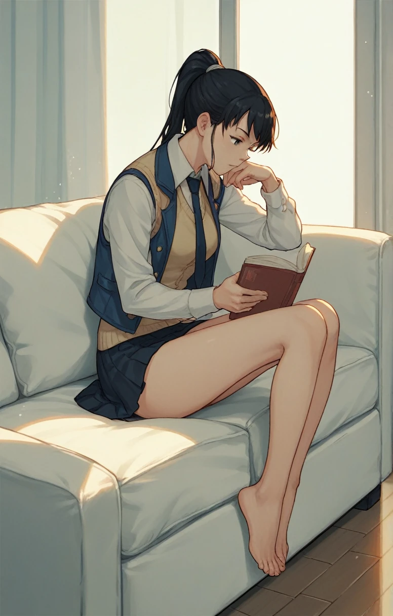 Sofa、Hot Research, read, Sitting, Alone, (barefoot:1.0), (Black Hair:1.0), (ponytail:1.0), (Medium chest:1.1), Score_9, Score_8_up, Score_7_up, Score_6_up, Score_5_up, uniform, blouse, vest, jacket, tie, skirt, Sexy legs, Bright colors, anime, animeーション, comics, anime, anime Face, Wife, 2D, Visual novel, Manga, comics, Cel shade, Dim lighting、Black Hair、ponytail、barefoot、barefoot、Ecchi、Sexy legs