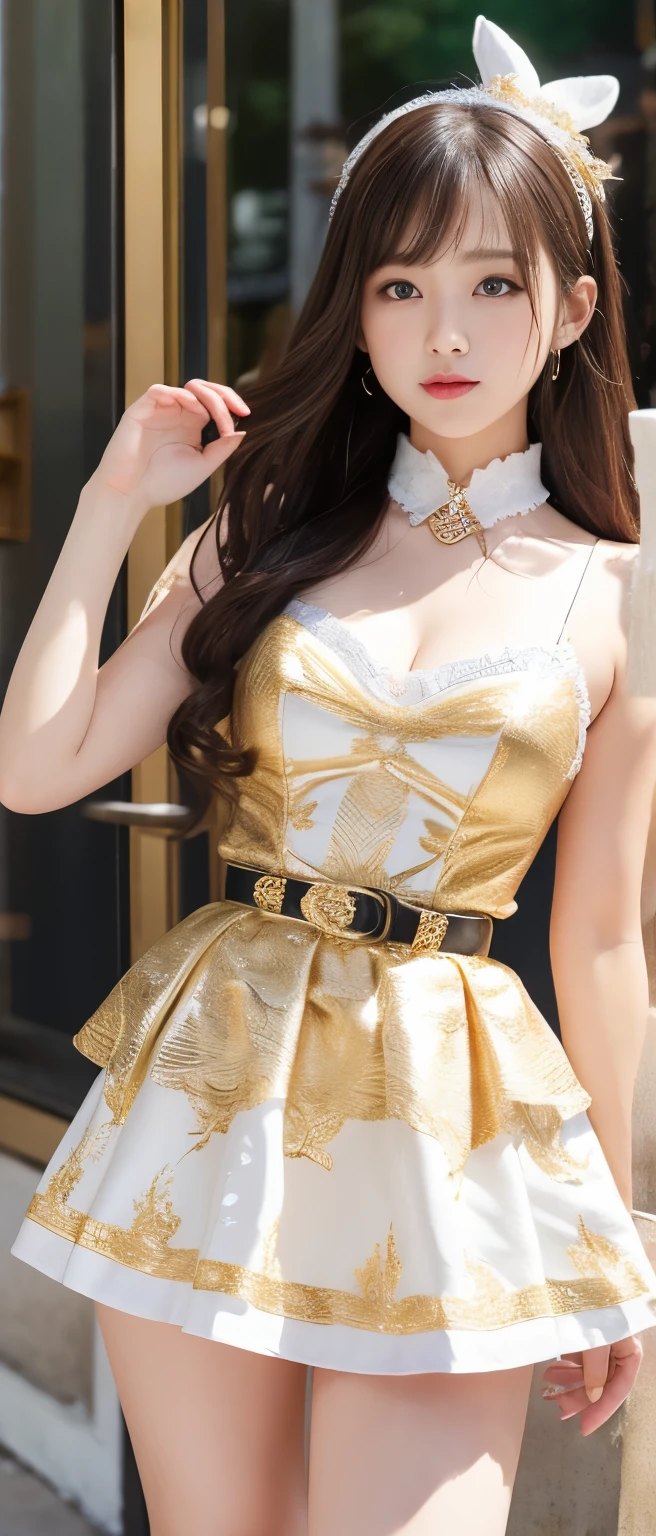 masterpiece, Highest quality, Realistic, Very detailed, Finer details, High resolution, 8k wallpaper, One beautiful woman, Dressed in a lovely gold and black bunny girl outfit, Wearing a Garter Belt, In a wonderful medieval castle room, At night, Light brown messy hair, Perfect dynamic composition, Beautiful and beautiful eyes、Big earrings、Are standing、Upper Body