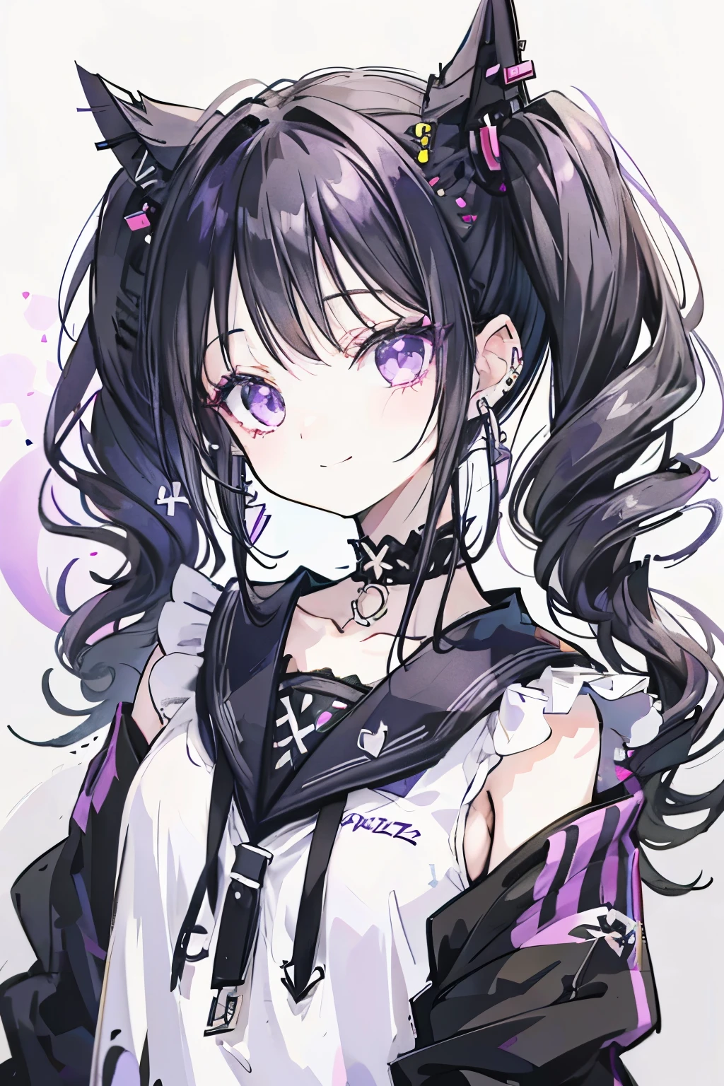 Cute, subculture punk, skull, piercing, scalp, cool, girl, black hair, twin tails, heavy bangs, sick, white background, illustration, purple and black image, Sanrio Kuromi, cross, black sailor uniform, ribbon