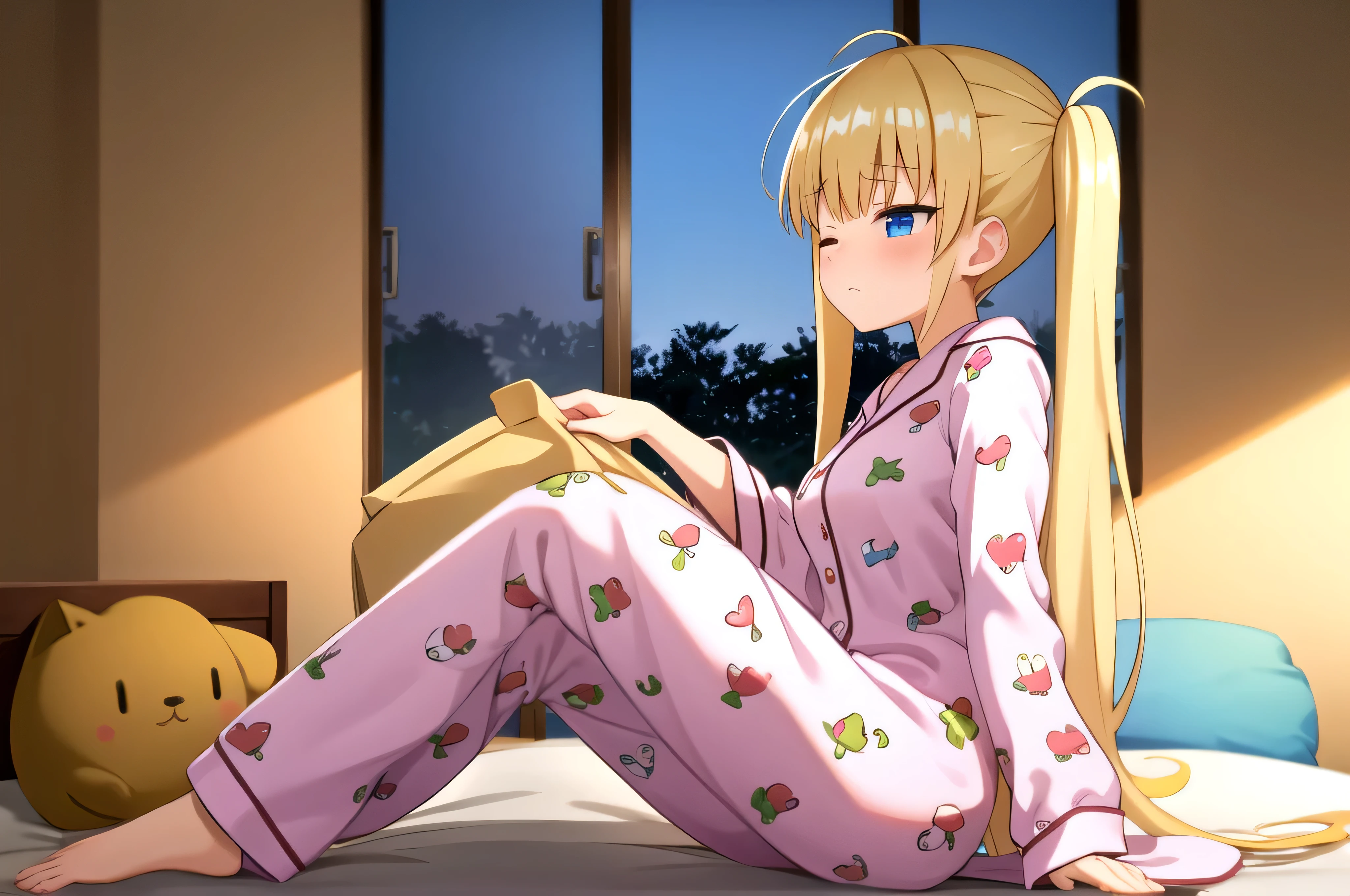 (masterpiece, Best Quality:1.2), absurdities, perfect anatomy, owtech, stylized, solo Airi Akizuki, blunt bangs, Focus only, Soft lighting, (blue eyes), blonde hair, very long hair, twintails, breast, A beautiful and seductive girl, sexy body, living room, sitting on bed, waking up, one eye closed, teary eyes, green pajama, pajama with cat print, wakeupeye, rubbing eyes,