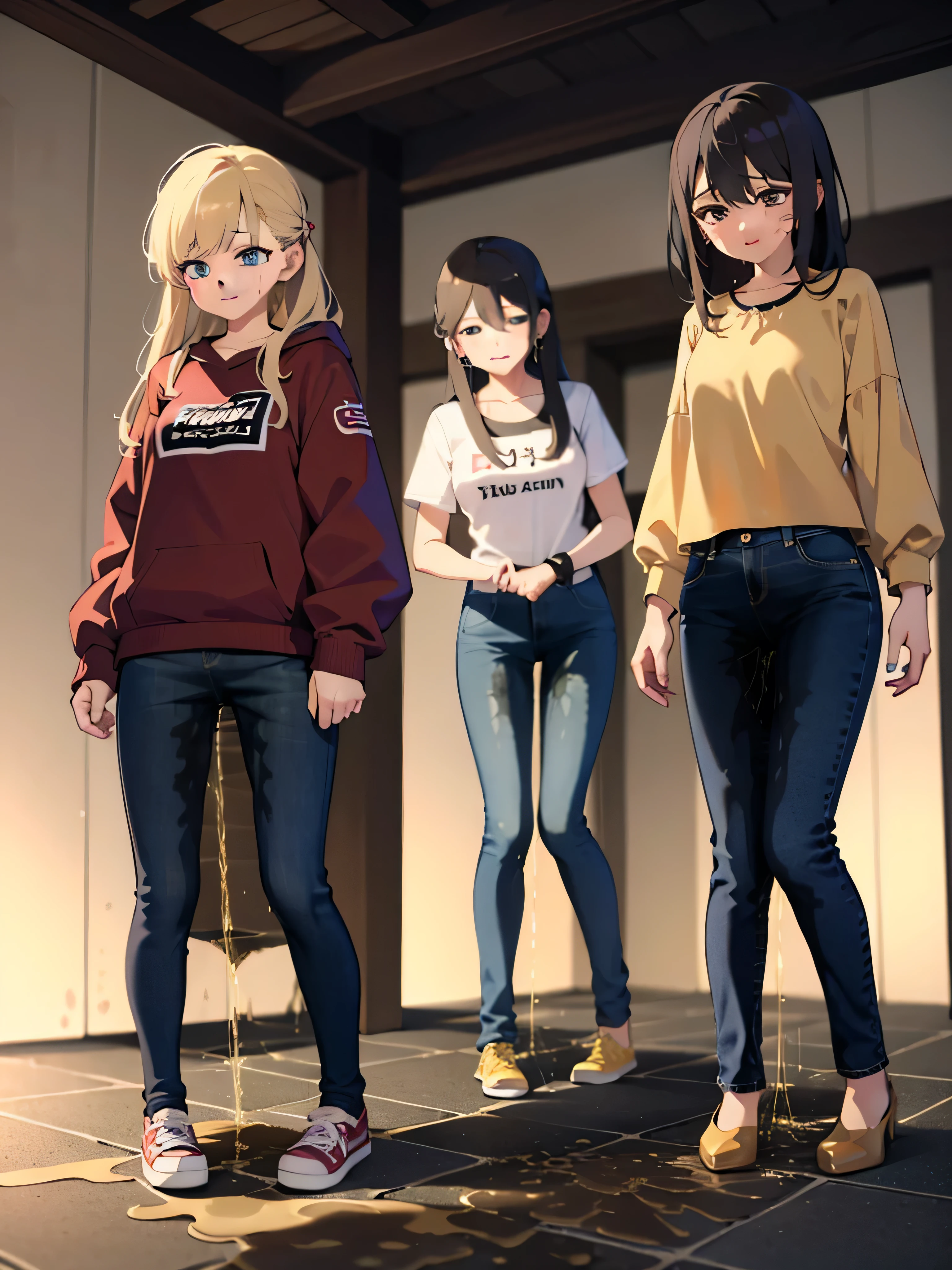 masterpiece, best quality, high resolution, (3girls), 20 years old, (blue jeans pants), full body, blush, worried, park, ((((((pee stain))))))