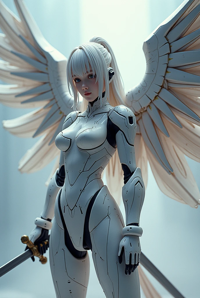 cyborg angel, large metal wings, white porcelain body, acrylic clear cover, long white wavy hair, glowing skin, cyberpunk style, futuristic headgear, intricate details, hyper realistic, cinematic lighting, dramatic pose, volumetric lighting, photorealistic, 8k, ultra detailed, her entire body is shown, (full body:1.5), perfect faces