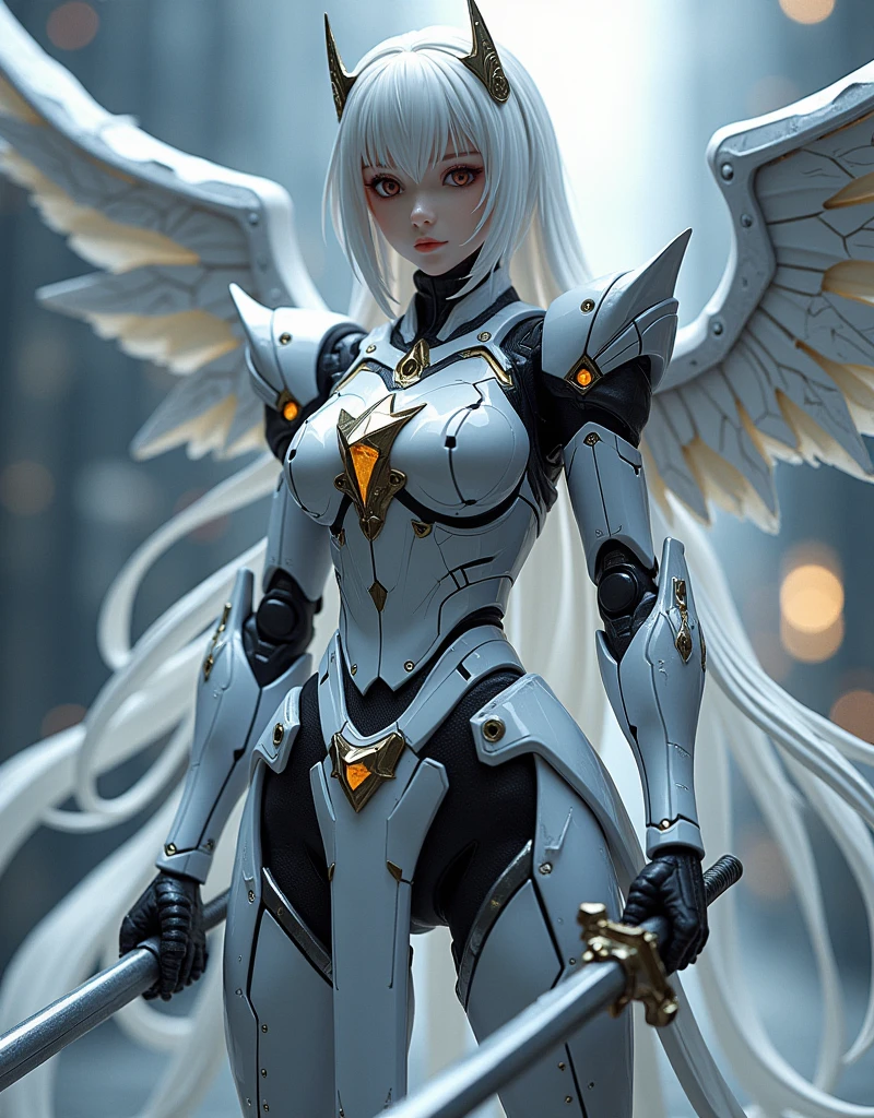 (masterpiece), (top-quality), (top-quality), masterpiece, (High Definition CG Illustration), ((extremely delicate and beautiful)), (Since a while ago), Cinematic Light, Grotesque Machine Girl, super realistic details, portlate, globalillumination, ultra-sharp, Convoluted, ornaments detailed, cold color, metals, highly intricate detail, Realistic light, radiant eyes, neon details, Mechanical limbs, blood vessels connected to tubes, Pipe connected to the crotch, Mechanical vertebrae attached to the back, mechanical cervial attaching to the neck, sitting on, Wires and cables connecting to the head, Smaller breasts, Small-eyed buttocks, ((lamentation)), ((Angel wings)), Emphasis on mechanical skeleton, (((Emphasis on mechanical interiors))), (Put a little emphasis on mechanical bones) ,teats, No pubic hair, (((realisitic))). Interior of the Church Cathedral at night lit by candles