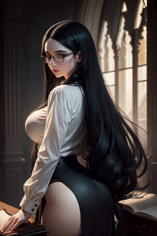 :: JOE MADUREIRA STYLE:: BEAUTIFUL WOMAN perfect and detailed, (masterpiece:  1.2, best quality), (finely detailed beautiful eyes: 1.2), extremely detailed hair, depth of field,shot with Canon EOS,lens 135mm f1.8,portrait of [x]((1Girl )),(((long straight black hair))), ((Solo)), (Ultra detailed blue eyes:1.4), (Finely detailed eyes and detailed face:1.3), ), (With ULTRA DETAILED oversized shirt),(torn outfit), pale skin, (super thin hair),(ultra soft hair),(ultra straight hair:1.5),Swept long bangs,black,Hair over one eye,blue eyes, glasses, black, straight and silky defined hair long white t shirt until thighs, (White shirt, naked lower body, torn, mid-chest torn shirt, no underwear, shirt covers, (Beautiful and clear background:1.2), (Extremely detailed CG, Ultra-detailed, Best Shadow:1.1), Large breasts,  (white background:0.5),  (Illustration :1.1), (extremely fine and beautiful: 1.1), (perfect details: 1.1),  digital illustration, perfect anatomy, centered, approaching perfection, dynamic, highly detailed, perfect anatomy, centered, full body shot, glasses, pale skin