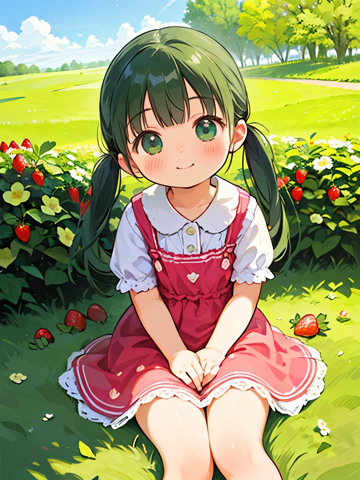 (Realistic:1.37)、Octane Rendering、Morning Park、Strawberry Dress、The girl is smiling with twin tails、Strawberries falling from the sky、Bright colors、Soft sunlight、Beautiful flowers、Green Grass、A playful atmosphere、Peaceful environment、Detailed Texture、Bright colors、Cute shoes with accessories、He looks happy