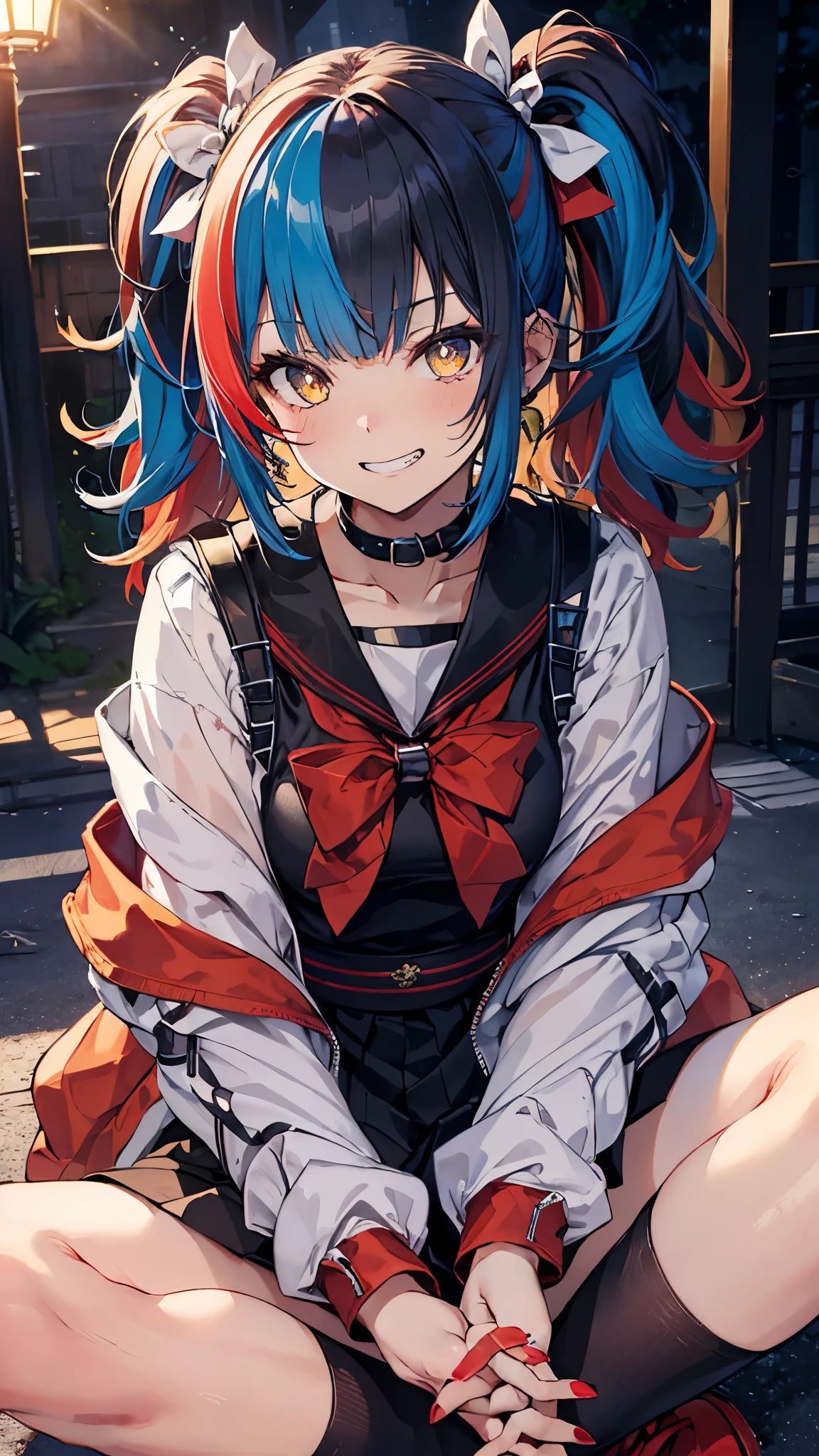 seishonagon, 1girl, solo, yellow eyes, twintails, solo, blue hair,(multicolored hair, black hair, red hair), jacket, collar, serafuku, sailor collar, bowtie, red bow, obi, black socks, knee socks, red footwear, nail polish,Sitting on the floor,(sitting,indian style:1.3), outdoor,grin,masterpiece,Noise Reduction,perfect anatomy,high resolution, ultra-detailed, ultra-detailed face,game cg,dutch angle ,beautiful detailed eyes,visualart,five fingers, perfect hands, perfect lighting, sparkling pupils,