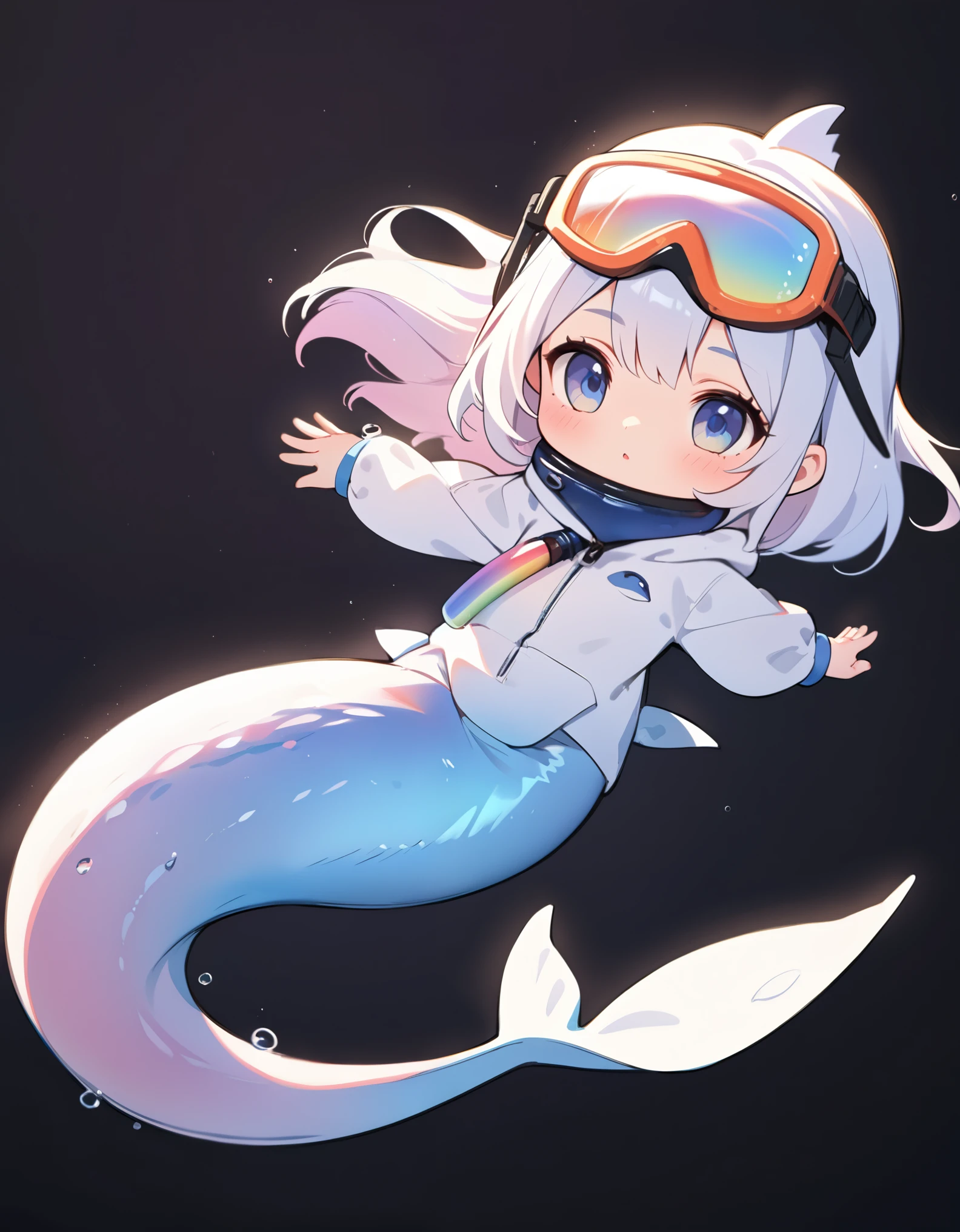 (Minimal Deformation, Simple Art),solo, 1girl\(((mermaid)),(lower-body is dolphin-tail:1.6),realistic dolphin costume, cute, diver, white dolphin costume, Holographically reflective snorkel, Fantastic rainbow-colored oxygen cylinder, full body\), Colorful gradient, simple Black background