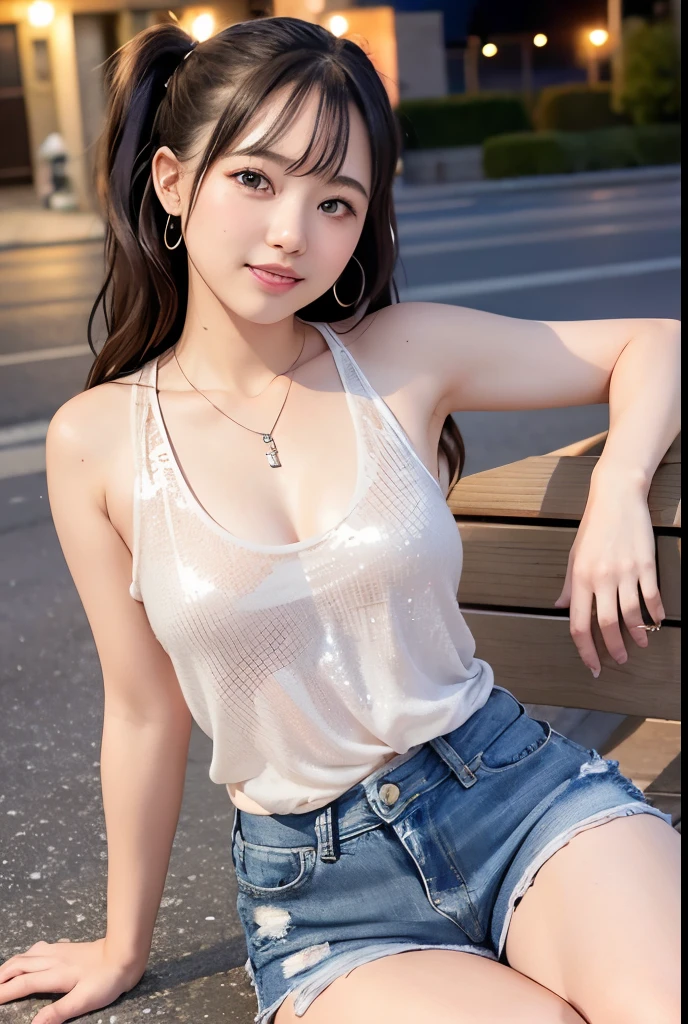 (Highest quality,masterpiece:1.3,Ultra-high resolution),(Very detailedな、Caustics) (Photorealistic:1.4, RAW shooting、)Ultra-Realistic Capture、Very detailed、Natural skin texture、masterpiece、(Sequin tank top and short denim pants:1.3)、1 Japanese girl、Adorable expression、Expressions of Happiness、、Young Face、Ssingly cute、Twin tails、Curly Hair、Black Hair、Scrunchie、Earrings、necklace、light makeup、A big bust that seems to burst、This photo was taken on a busy street at night..、Shining thighs、Sit on a bench on the sidewalk、Shooting from the side、smile、An inviting gaze、