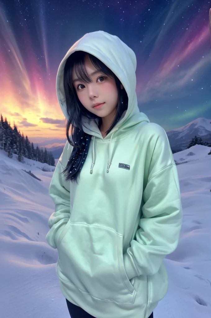 best quality, 8k, very delicate and beautiful, highly detailed face and skin texture, shiny skin, high resolution, cute japanese girl in hoodie stnad in a snow at midnight with aurora sky, sharp focus