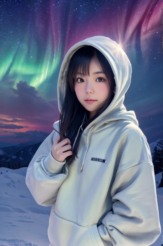 best quality, 8k, very delicate and beautiful, highly detailed face and skin texture, shiny skin, high resolution, cute japanese girl in hoodie stnad in a snow at midnight with aurora sky, sharp focus