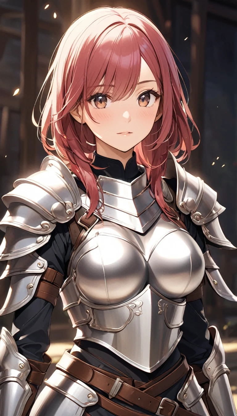 Lapisfe, One girl, alone, View your viewers, blush, bangs, gloves, Upper Body, Braiding, hair band, Outdoor, Part your lips, null, Day, Raise your hand, Pink Eyes, armor, wood, Covered navel, Blurred Background, Place your hand on your chest, shoulder armor, side Braiding, breastplate, red armor