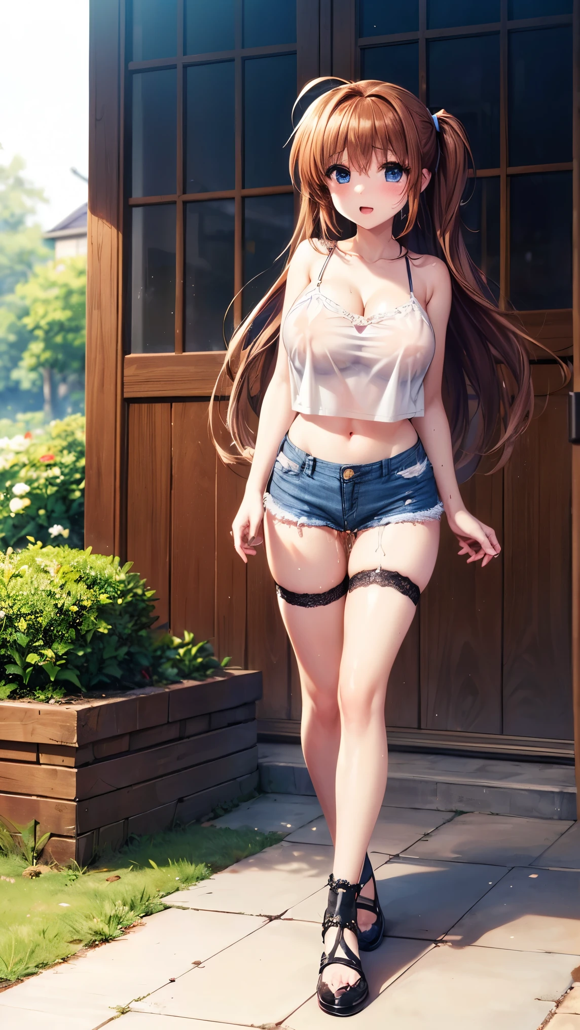 best quality,1girl,((big breasts:1.5)),((orgasm,blush,sweat,steam)),nanoha takamachi, takamachi nanoha, brown hair, long hair, ((straight hair:1.5)), blue eyes, ((camisole, bare shoulders, cleavage, crop top, cutoffs, denim shorts, midriff, short shorts, spaghetti strap, lace legwear,pussy juice:1.3)),see through,erect nipples,walking,garden