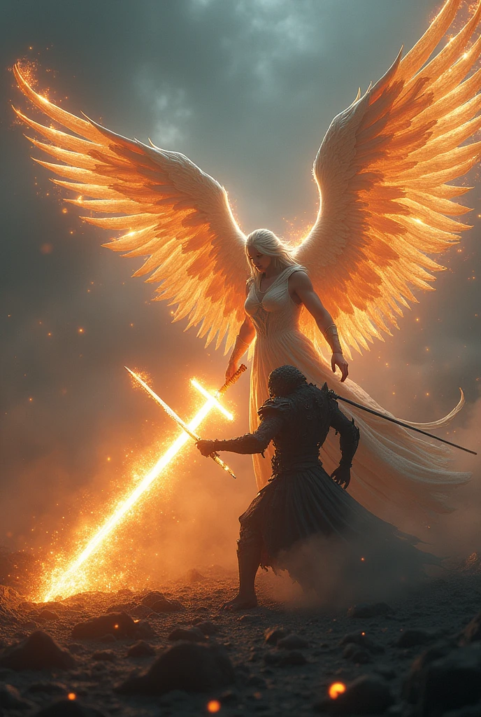 Fire angel fight against, a old man with black golden armor on the ruins ground