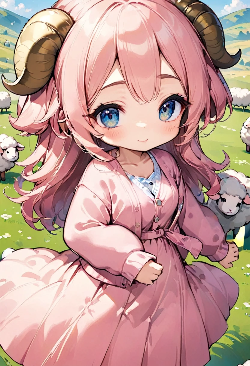 One cute girl,(Best Quality,Extremely detailed depiction,Incredible high resolution,High quality anime drawings),Deformed Character,Mascot character,Pink Hair,Fluffy hair,sheep毛のような髪の毛,Detailed eyes,Half-closed eyes:1.1,Thick eyebrows,one piece,Pink clothes,Long skirt,Light blue cardigan,Brown shoes,grassland,sheep,もこもこのsheep,sheepに乗っている