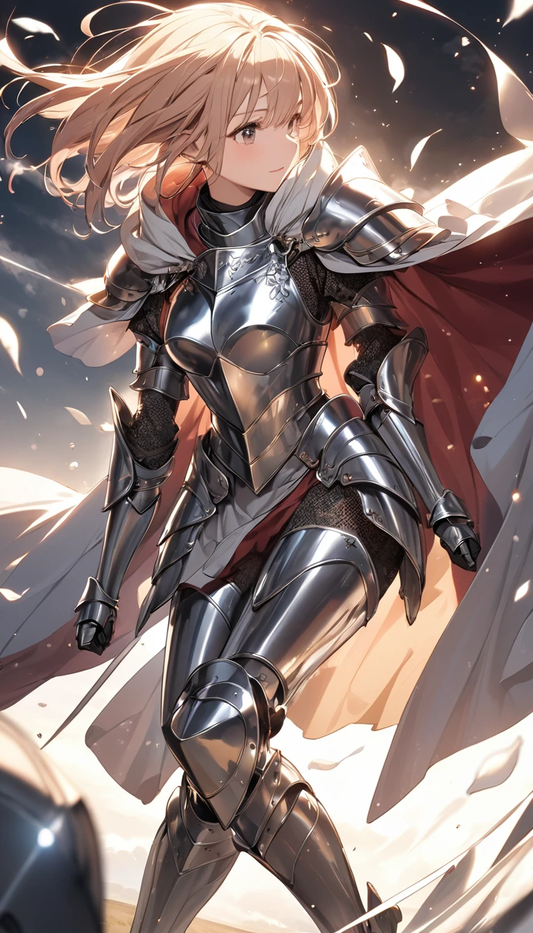 A female knight in shiny metal armor fluttering her cloak - SeaArt AI