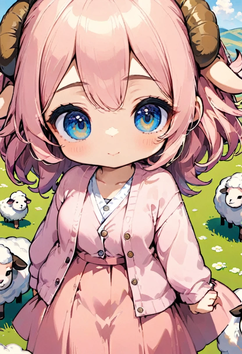 One cute girl,(Best Quality,Extremely detailed depiction,Incredible high resolution,High quality anime drawings),Deformed Character,Mascot character,Pink Hair,Fluffy hair,sheep毛のような髪の毛,Detailed eyes,Half-closed eyes:1.1,Thick eyebrows,one piece,Pink clothes,Long skirt,Light blue cardigan,Brown shoes,grassland,sheep,もこもこのsheep,sheepに乗っている