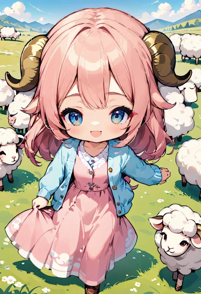 One cute girl,(Best Quality,Extremely detailed depiction,Incredible high resolution,High quality anime drawings),Deformed Character,Mascot character,Pink Hair,Fluffy hair,Detailed eyes,Half-closed eyes:1.1,Thick eyebrows,one piece,Pink clothes,Long skirt,Light blue cardigan,Brown shoes,grassland,sheep,もこもこのsheep,sheepに乗っている