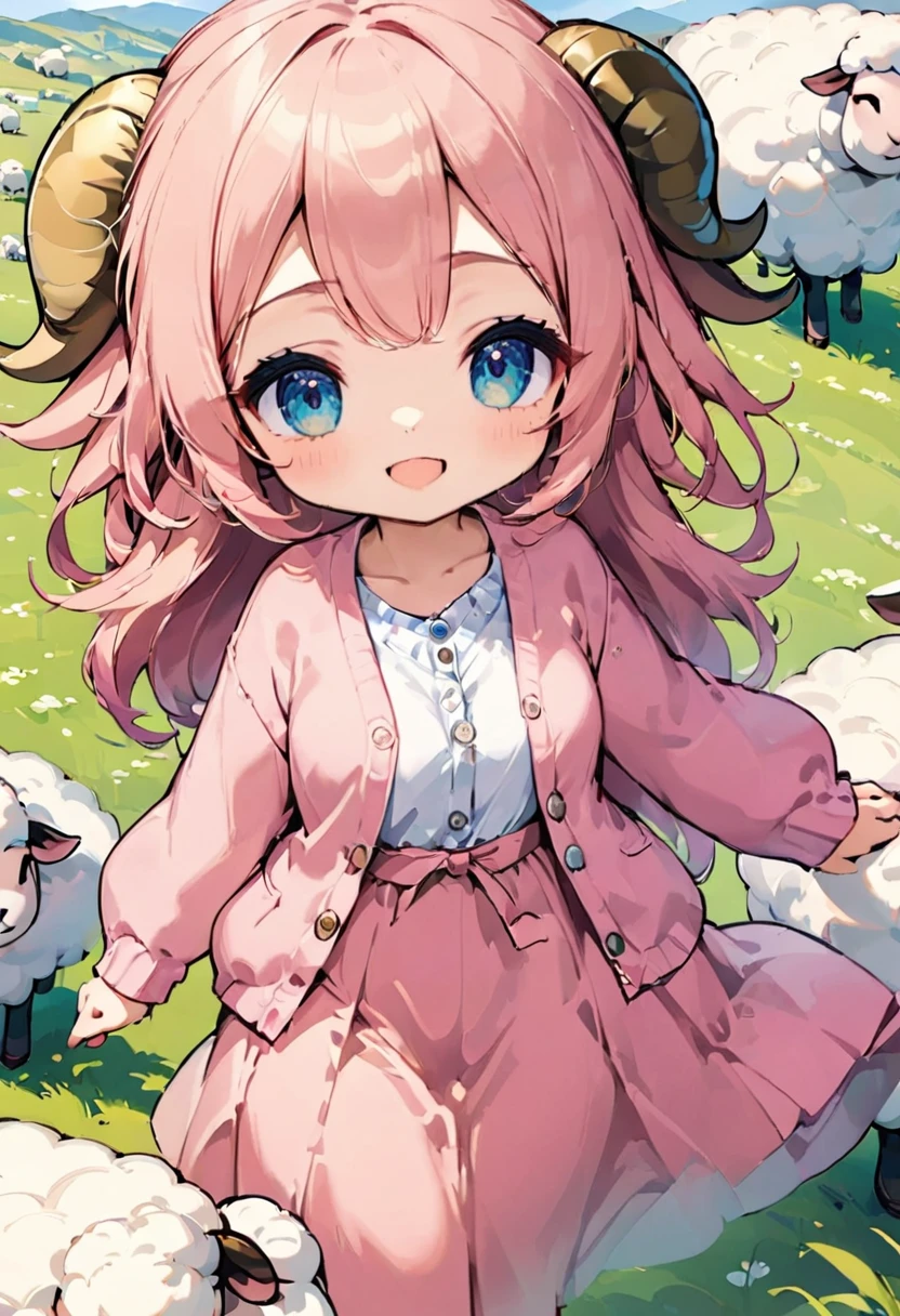 One cute girl,(Best Quality,Extremely detailed depiction,Incredible high resolution,High quality anime drawings),Deformed Character,Mascot character,Pink Hair,Fluffy hair,Detailed eyes,Half-closed eyes:1.1,Thick eyebrows,one piece,Pink clothes,Long skirt,Light blue cardigan,Brown shoes,grassland,sheep,もこもこのsheep,sheepに乗っている