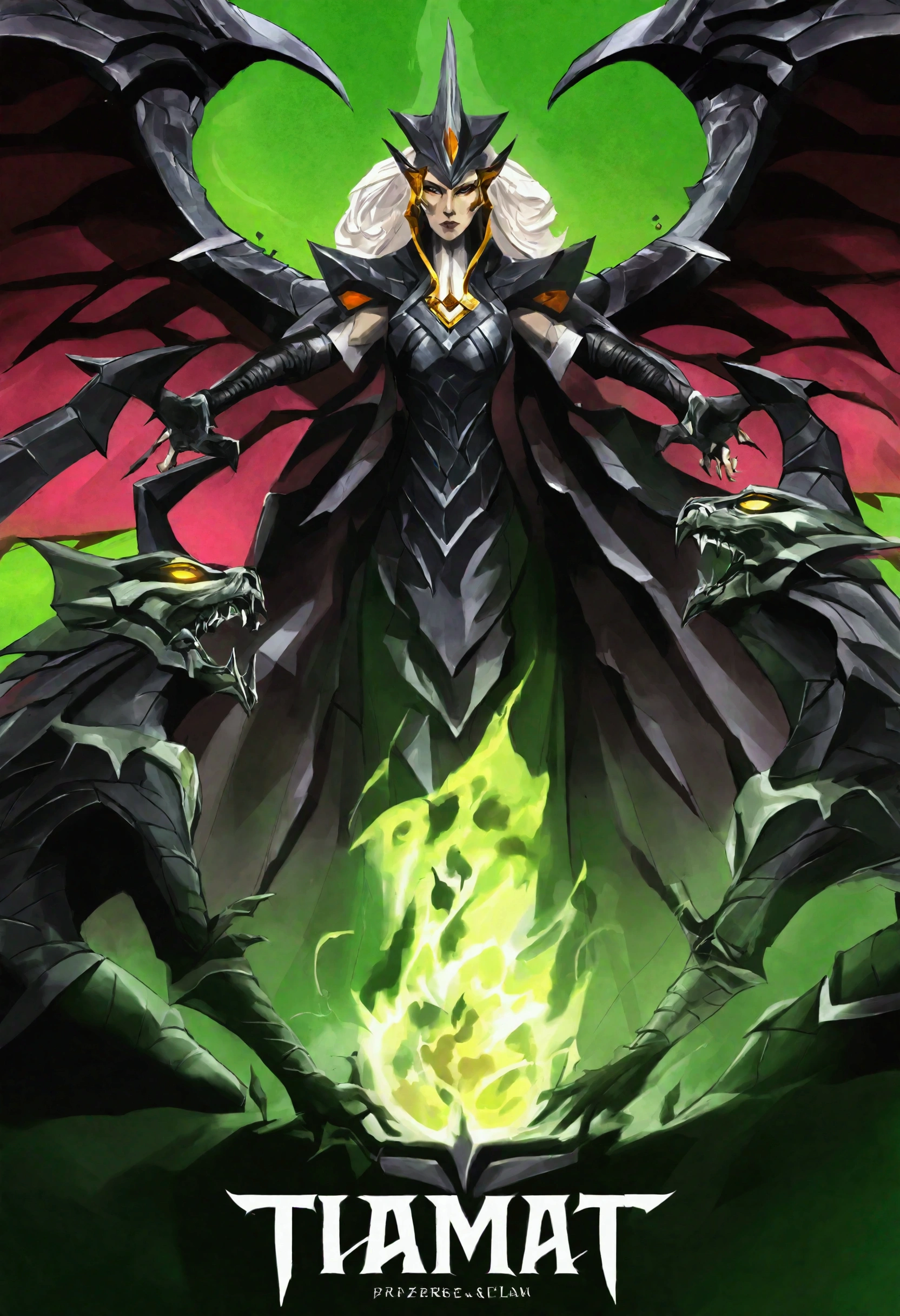 Tiamat, the fearsome Chromatic Dragon Queen, embodies the darkest depths of draconic power and malevolence. With her five heads, each bearing the visage of a different chromatic dragon—black, blue, green, red, and white—she commands legions of evil dragons and fiends from the depths of the Nine Hells. Her immense form is wreathed in scales of varying shades, ranging from jet black to bone white, each as hard as adamantine and as sharp as obsidian. Her wings, spanning vast distances, cast shadows that darken the skies and instill fear in the hearts of mortals. Tiamat's eyes gleam with an unearthly intensity, burning with an insatiable hunger for power and domination. From her maw, she unleashes torrents of elemental fury—gouts of flame, bolts of lightning, toxic gases, and freezing blasts—that devastate all who oppose her. Her presence exudes a palpable aura of dread and despair, causing even the bravest warriors to tremble in her presence. She is worshipped by cults of fanatical followers who seek to unleash her wrath upon the world and usher in an age of darkness and chaos. Tiamat's lair is a labyrinthine fortress of bone and sinew, hidden deep within the bowels of the earth or atop towering peaks veiled in perpetual storms. Here, she schemes and plots, weaving webs of intrigue and manipulation to further her insidious agenda and extend her influence across the realms. In the annals of legend and lore, Tiamat is the ultimate embodiment of draconic tyranny and destruction, a force of darkness that threatens to consume all who dare to defy her reign of terror.
