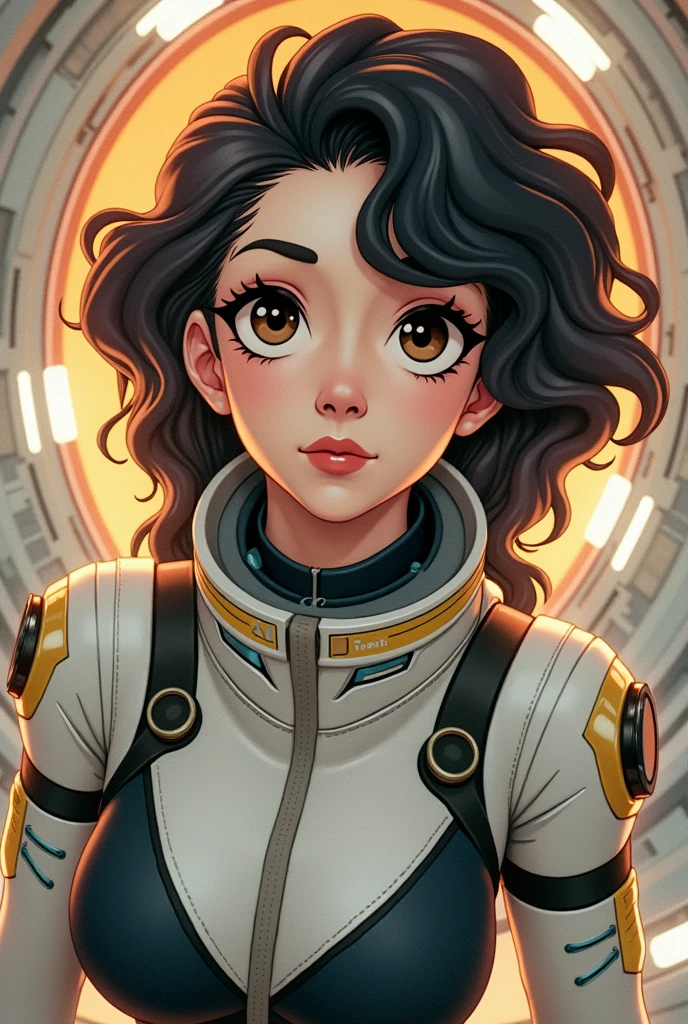 ellie, brown eyes, brown hair, short hair,  looking at viewer,  smile, 
upper body,  cleavage cutout,   blush,  standing,  from above, 
shirt,  
space ship, indoors, 
(insanely detailed, beautiful detailed face,beautiful detailed eyes, masterpiece, best quality),
 <lora:ellie:0.8>