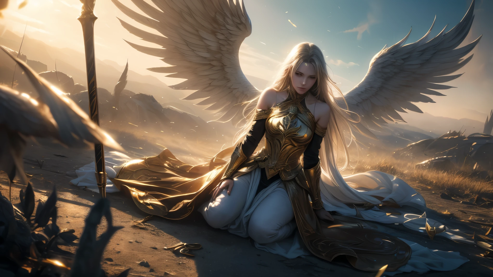 The scene captures a powerful Angel, reminiscent of an angel, soaring gracefully above a desolate battlefield littered with the bodies of fallen warriors. She is adorned in intricately detailed golden plate armor that glimmers in the light, reflecting hues of sunlight, enhancing her ethereal presence. Her armor, composed of meticulously crafted metal plates, showcases ornate engravings of mythical symbols and swirling patterns. The Angel’s magnificent wings, resembling those of an angel, are large and feathery, shimmering with a radiant white glow, their tips catching the light as they unfurl majestically behind her. Below, the battlefield is shrouded in a somber atmosphere, with the remnants of conflict scattered across the ground—broken weapons, tattered banners, and lifeless figures, suggesting the chaos of war. The colors are muted and earthy, dominated by browns and grays, contrasting starkly with the Angel’s golden armor. The sky above is a dramatic blend of dark clouds and rays of sunlight piercing through, casting an otherworldly glow on the scene. Keywords: fantasy, dramatic, high contrast, dynamic composition, aerial perspective, soft lighting, ethereal quality, detailed textures, somber atmosphere, mythical elements, heroic girl, age19, long golden hair, an white glowing staff in hands.