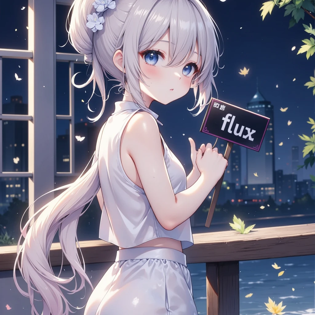 Japanese anime, One girl, solo, night , having a sign written"FLUX"