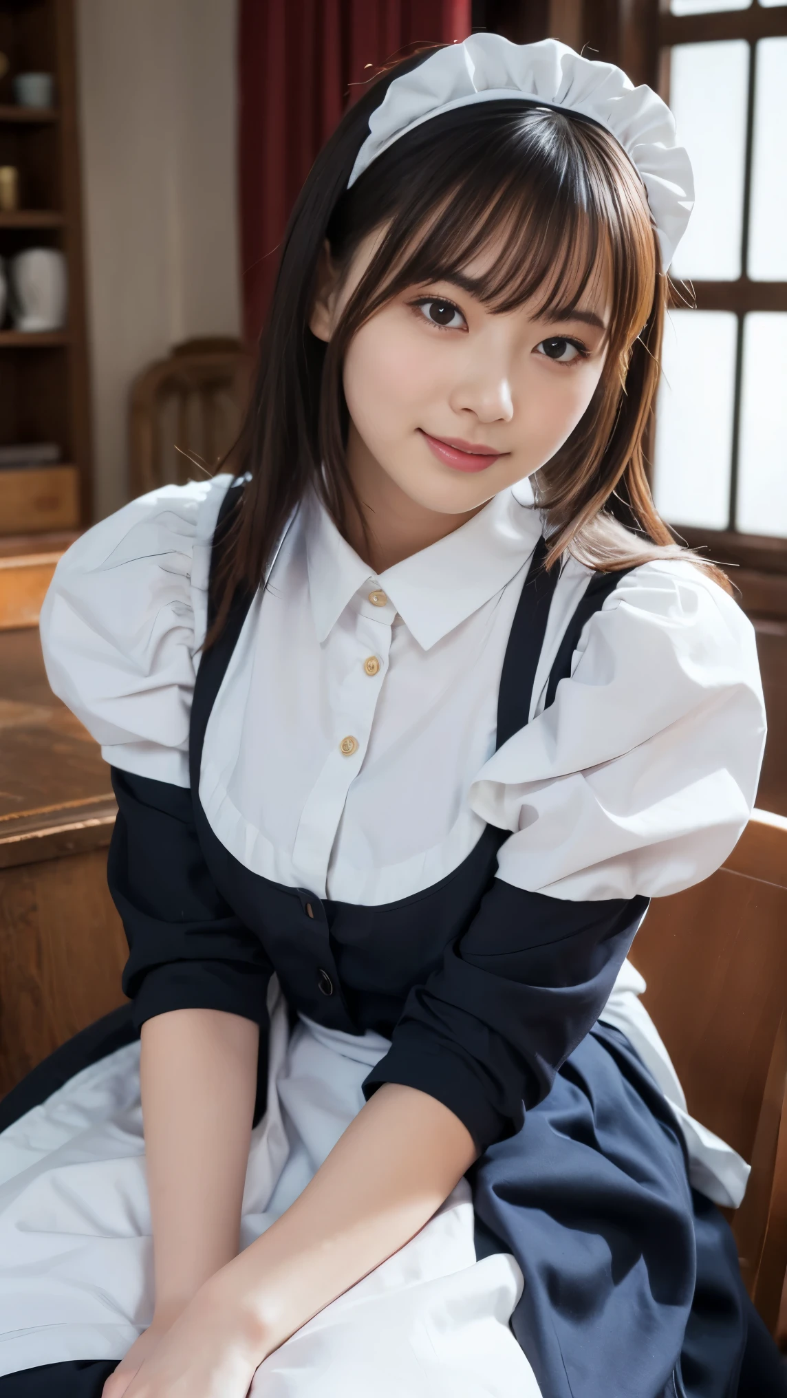 masterpiece,best quality,anime,(2d:1.2),indoors, , 1girl, roswaal mansion maid uniform, solo, maid, cyan blue eyes, short hair,bow hairband, hair between eyes, detached sleeves, looking at viewer, red hairband,ribbon, bangs, looking back, bow, orange hair,red ribbon, black sleeves, window, long sleeves, apron, white bow, frills,ribbon trim,light smile, own hands together,