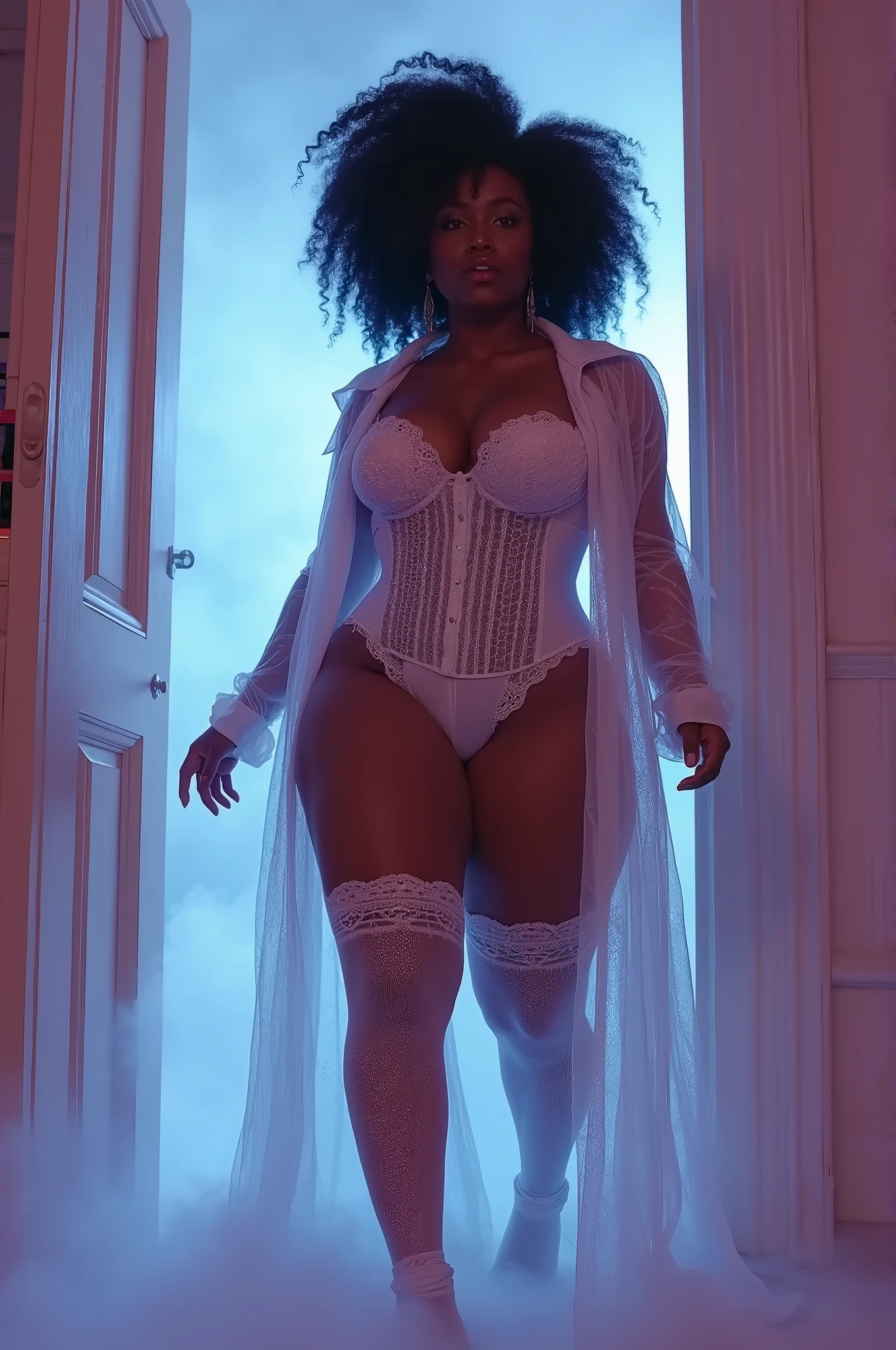 40 year old light skinned black woman, big thighs, lace robe, white lace swimsuit, (white latex boots), (high heels), standing next to curtain window at the beach house