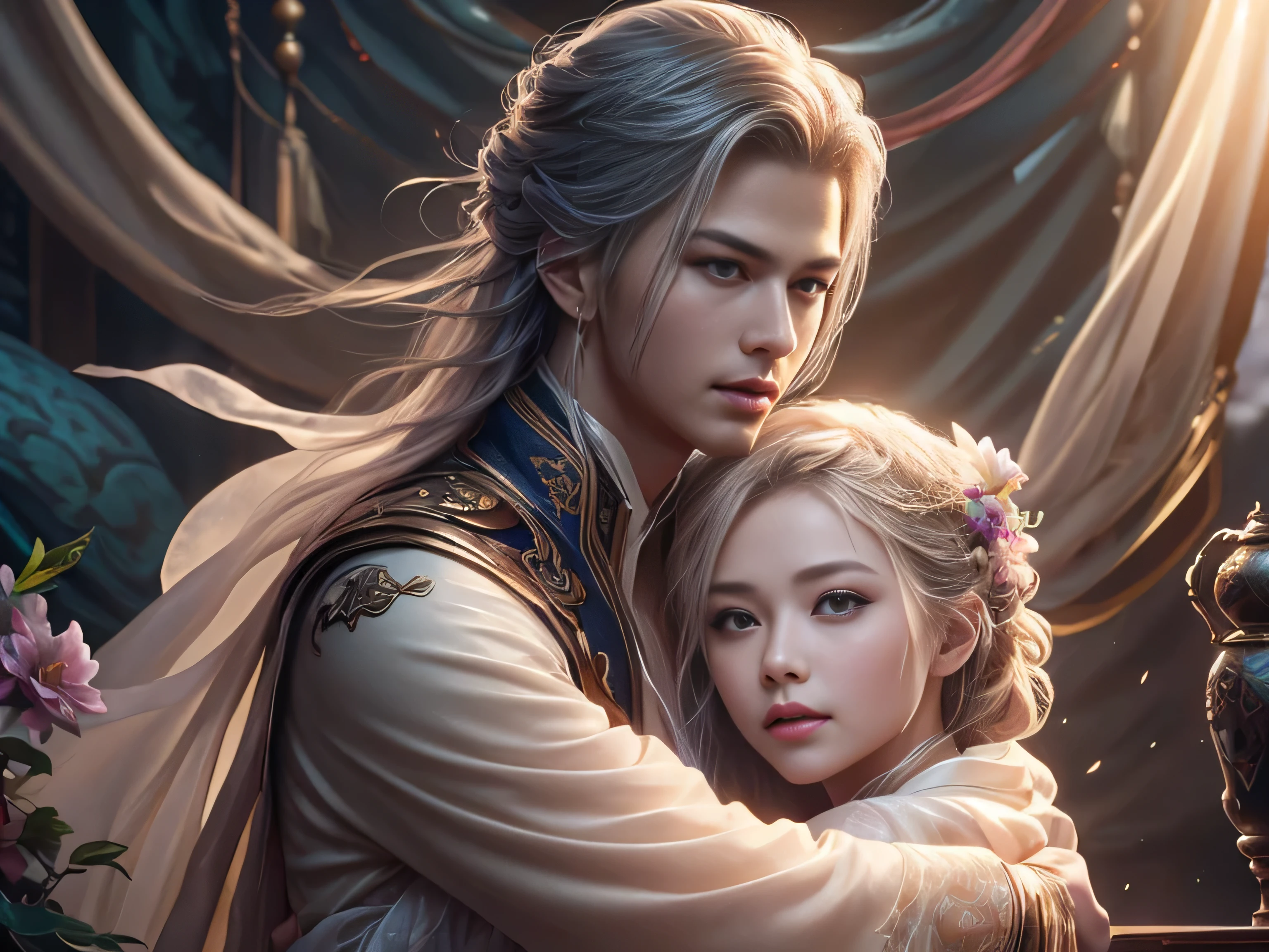 (Best Quality, Super Detail, Masterpiece, Representative Work, Official Art, Professional, Super Fine Detail, 8k:1.3), (photorealism:1.2), (Couple, Beautiful Girl and Boy), A couple in the sea of flowers, Handsome guy hugs beautiful girl from behind, Smiling and Wearing White Clothes, Delicate Hair, Chinese Beauty and Handsome Man, Wearing Ancient Chinese Clothes, Flowing Tulle, Light Silk, Create a movie poster similar to those used in Chinese romantic fantasy dramas, Correct proportions, Perfect face, perfect hands, Sweet atmosphere, Photorealistic, Sharp Focus, Dreamy Atmosphere, Delicate Details, Soft Volumetric Light, (Backlight:1.3), (Cinematic:1.2), Intricate Details, (ArtStation:1.3)