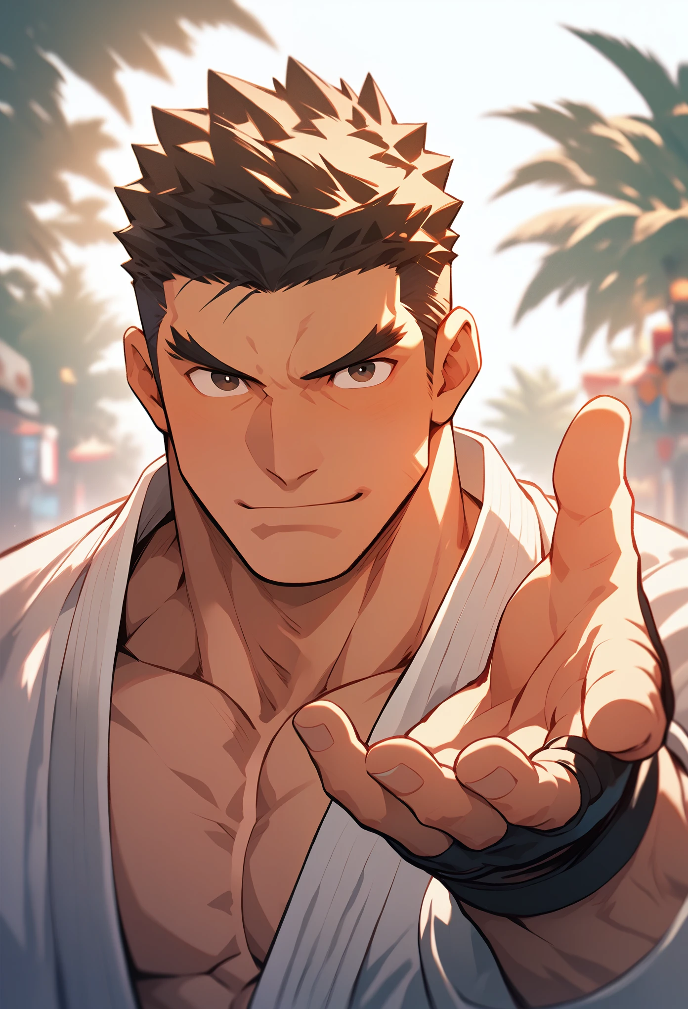 Ryu from Street Fighter is shirtless and reaching out his hand