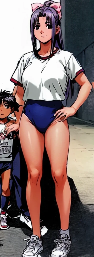 Momoko Koigakubo, a tall girl with beautiful legs, is standing with a smile on her face in a white gym uniform and light navy blue bloomers that look like panties.。Momoko Koigakubo is holding a boy in a tracksuit.。