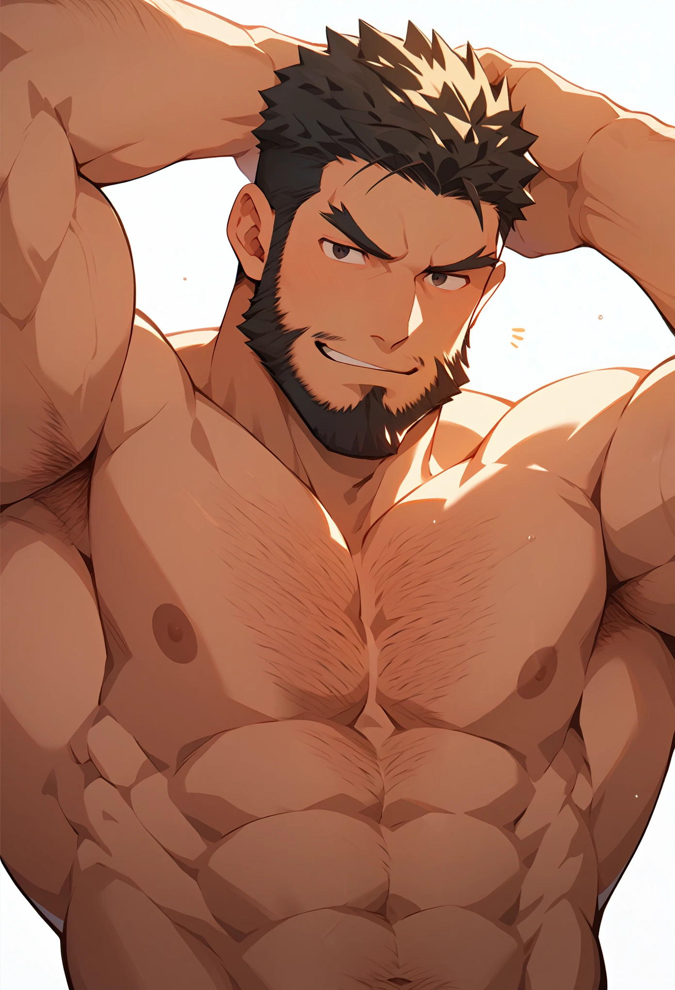 Ryu from Street Fighter is completely naked and has his arms outstretched to accept a hug, chest hair, thin beard,