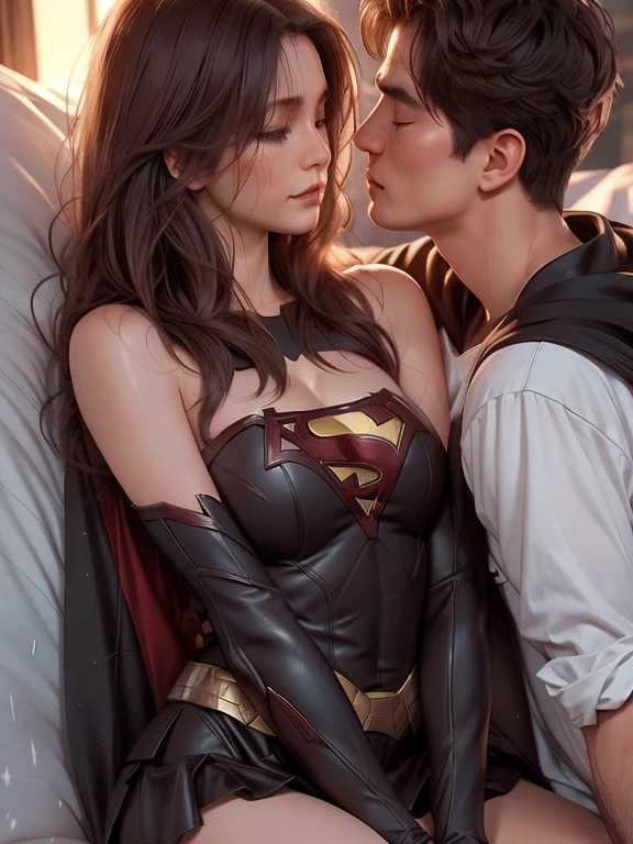 Batman tenderly embraces Supergirl from behind, his right hand gently cradling her. His hand rests on her upper thigh, creating an emotional connection between them. The scene is filled with passion and desire as Batman embraces Supergirl, expressing their affection. Both are lost in the moment, their bodies touching intimately, creating a masterpiece of romantic longing. (photorealistic:1.4), 8k high definition, best quality, detailed, romantic situation, Batman, Supergirl, embrace, desire.