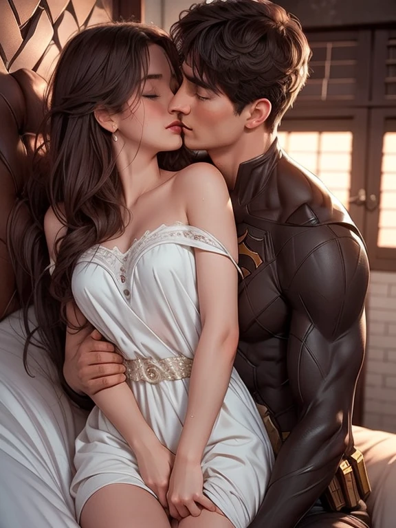 Batman tenderly embraces Supergirl from behind, his right hand gently cradling her. His hand rests on her upper thigh, creating an emotional connection between them. The scene is filled with passion and desire as Batman embraces Supergirl, expressing their affection. Both are lost in the moment, their bodies touching intimately, creating a masterpiece of romantic longing. (photorealistic:1.4), 8k high definition, best quality, detailed, romantic situation, Batman, Supergirl, embrace, desire.