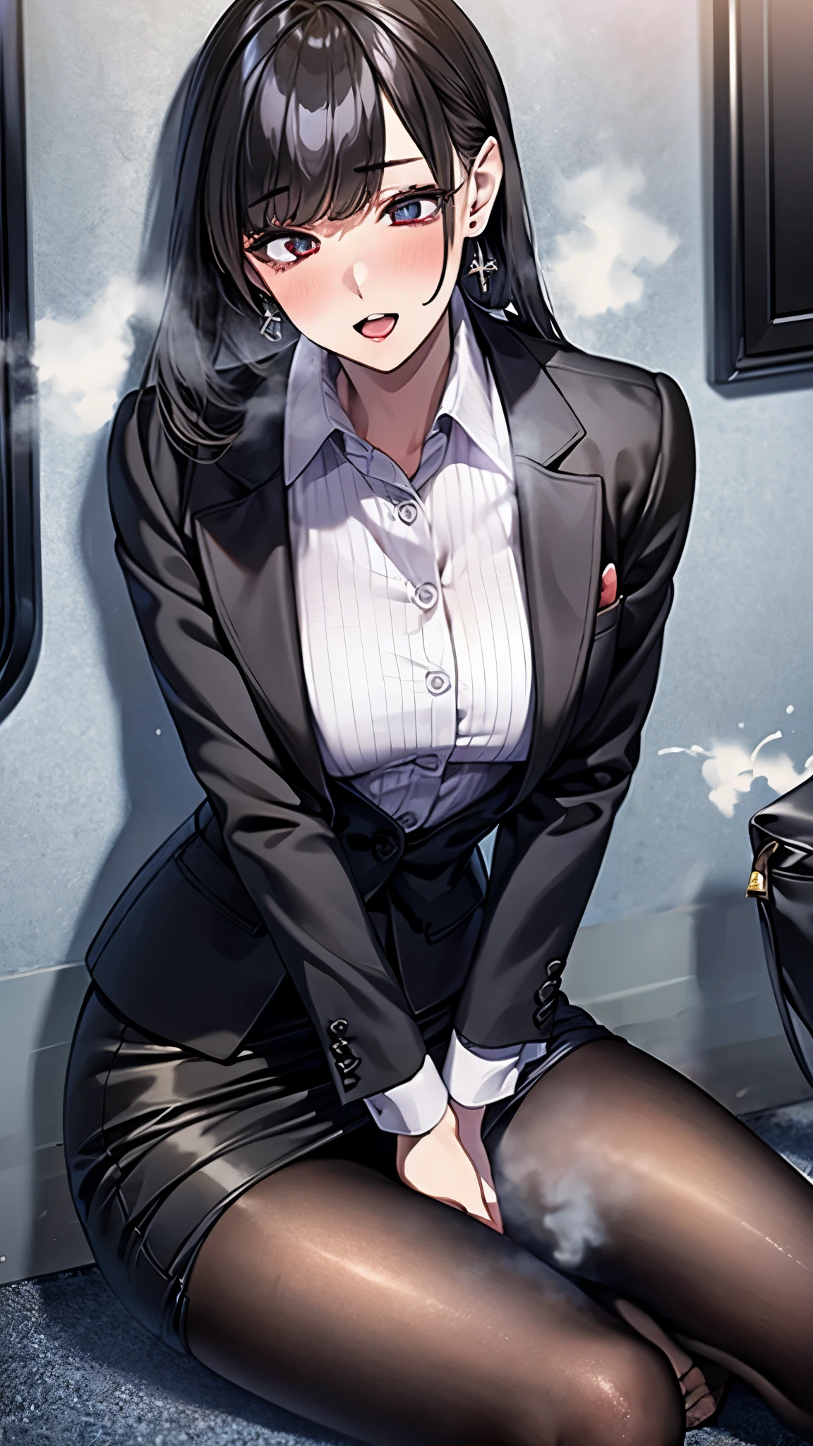 /quality
(masterpiece,best quality,High resolution,High image quality,Realistic)

/Hairstyle
(Curly Hair)

/Clothes
(Pencil Skirt,Interview Suit,Black jacket,torn pantyhose:1.5,Earrings)

/Leaning Forward Pose,sit
Leaning against a wall,
Spread your legs:1.5

(Ahegao,orgasm,steam:1.5,Wish:1.5),

/crowd:1.5,White skin,Feet Focus,Leaning against a wall,male,Hand:1.5,night, roadside,Identification card,