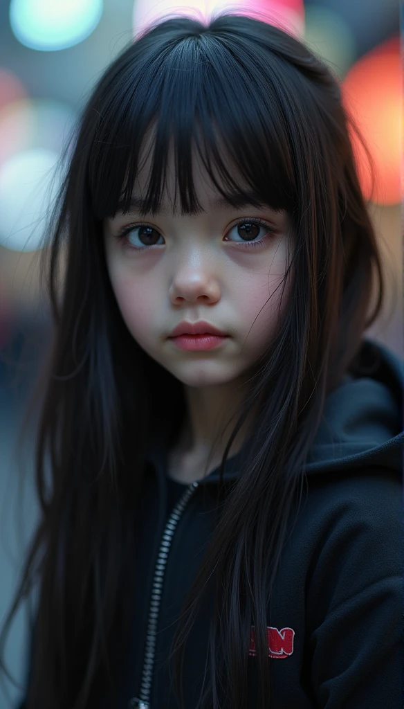 The figure of a young girl in the twilight, plump face, lovely eyes,