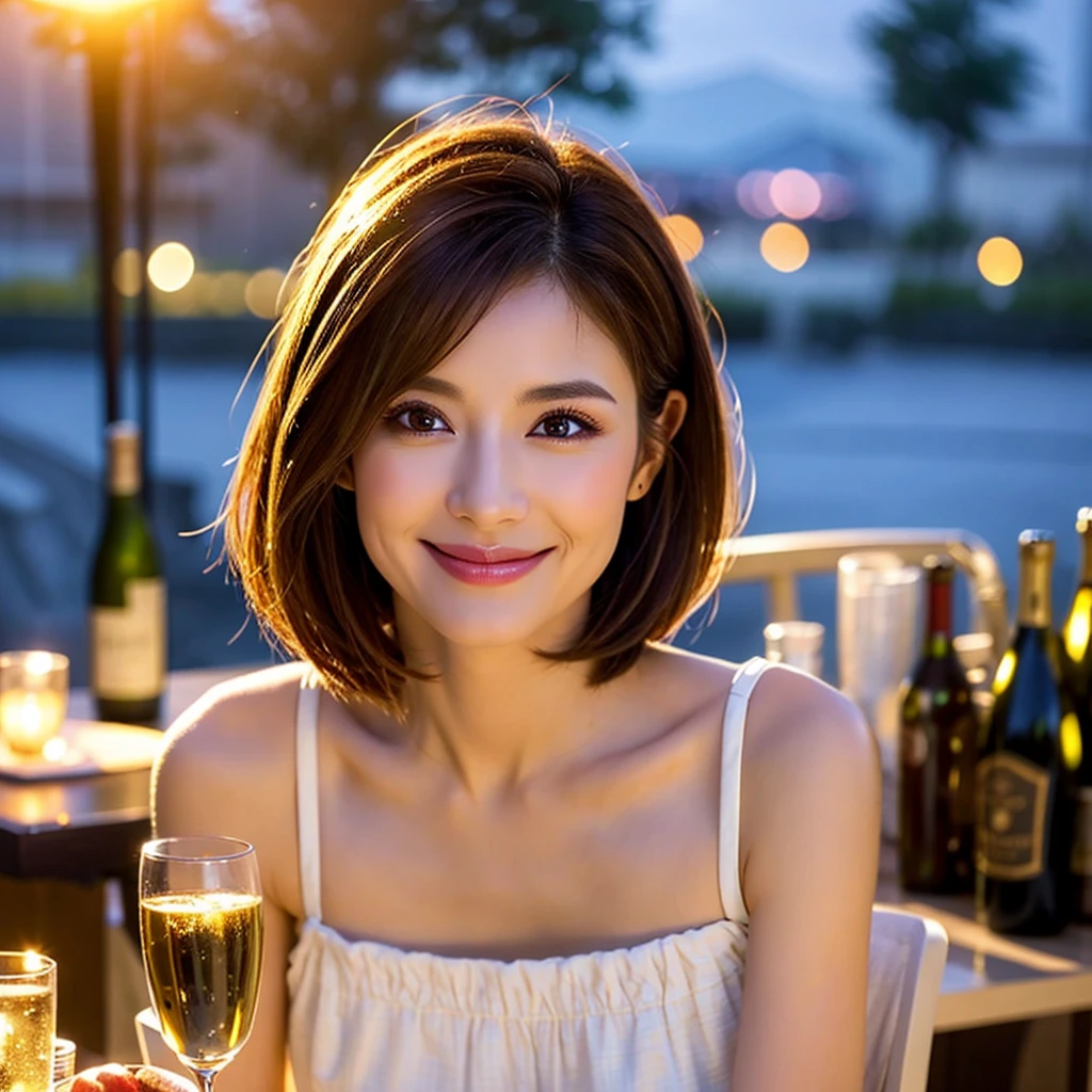 (Realistic, 超Realistic:1.4), 16K HDR, High resolution,(Wine Glasses),(Wine bottle),(Champagne glasses),Age 33,2,Happy smile、short hair,The best smile、Japanese actress,so beautiful(It looks like the real thing),Cocktail Dresses、red wine、White Wine、Sparkling wine、Slim couple、Model Couple、(Realistic, Intricate details:1.2), Amazing view of the sunset sky and clouds、,Digital SLR camera, Soft Lighting, Detailed Background, Volumetric Lighting, Sharp focus, super Realistic 肌,so beautiful表現です,Cloud Effect:1.2、プロ品質のHigh resolution、Best Quality,Slim figure,High quality face,Detailed eyes,Beautiful Lips,Excellent light particles,Cinema Lighting,blue eyes,