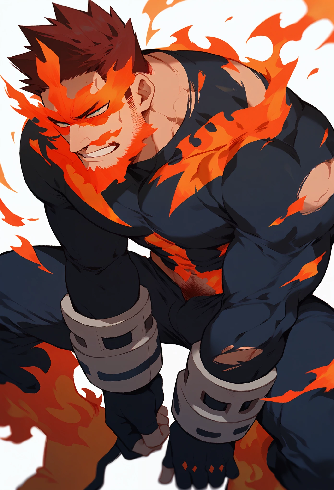 Endeavor from My Hero Academia, covered in flames, full body, ripped and torn costume, muscular, thick, anal, thick pubic hair