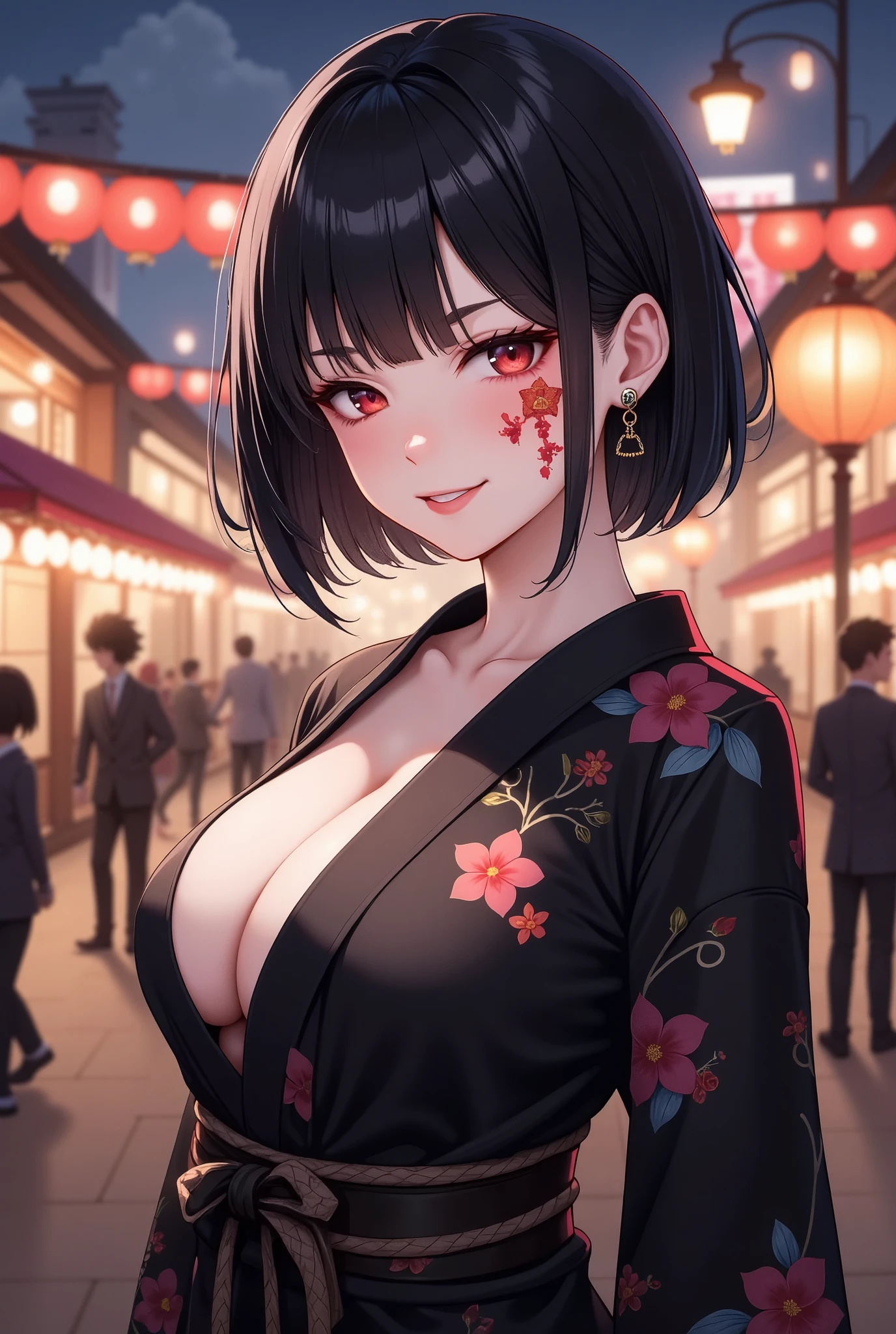 Woman (short bob black hair, bangs,red eye shadow, slit eyes, dark eyes, fashion model pose, fashion model smile, red flower tattoo on cheek, large breasts, black kimono with flower pattern, so many ear piercings, tall back), night in japanese festival ,anime style