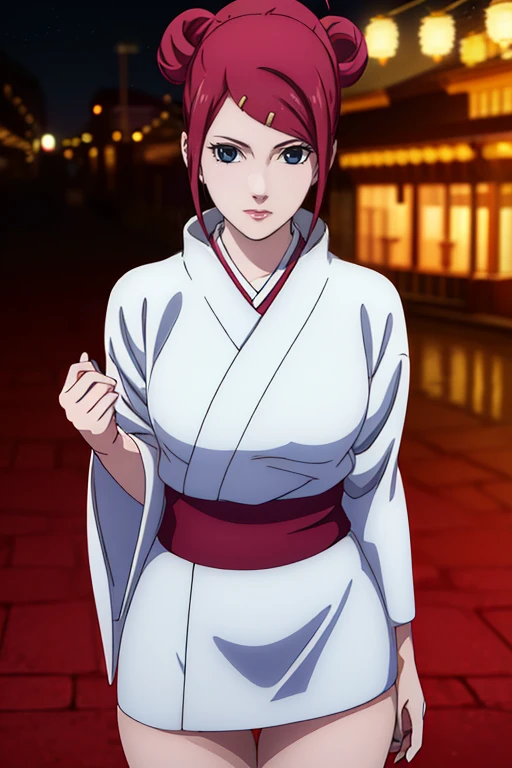 Mito Uzumaki,  ((seductive pose)), Red hair, Black eyes, white kimono, (Bare thighs), sexy face with full makeup, Red lipstick,  make up,  (Masterpiece, Best quality:1.4), bokeh effect, volumetric lighting, A high resolution, extremely detailed illustration in 8k resolution, Realistic, cowboy shot, medium shot,

