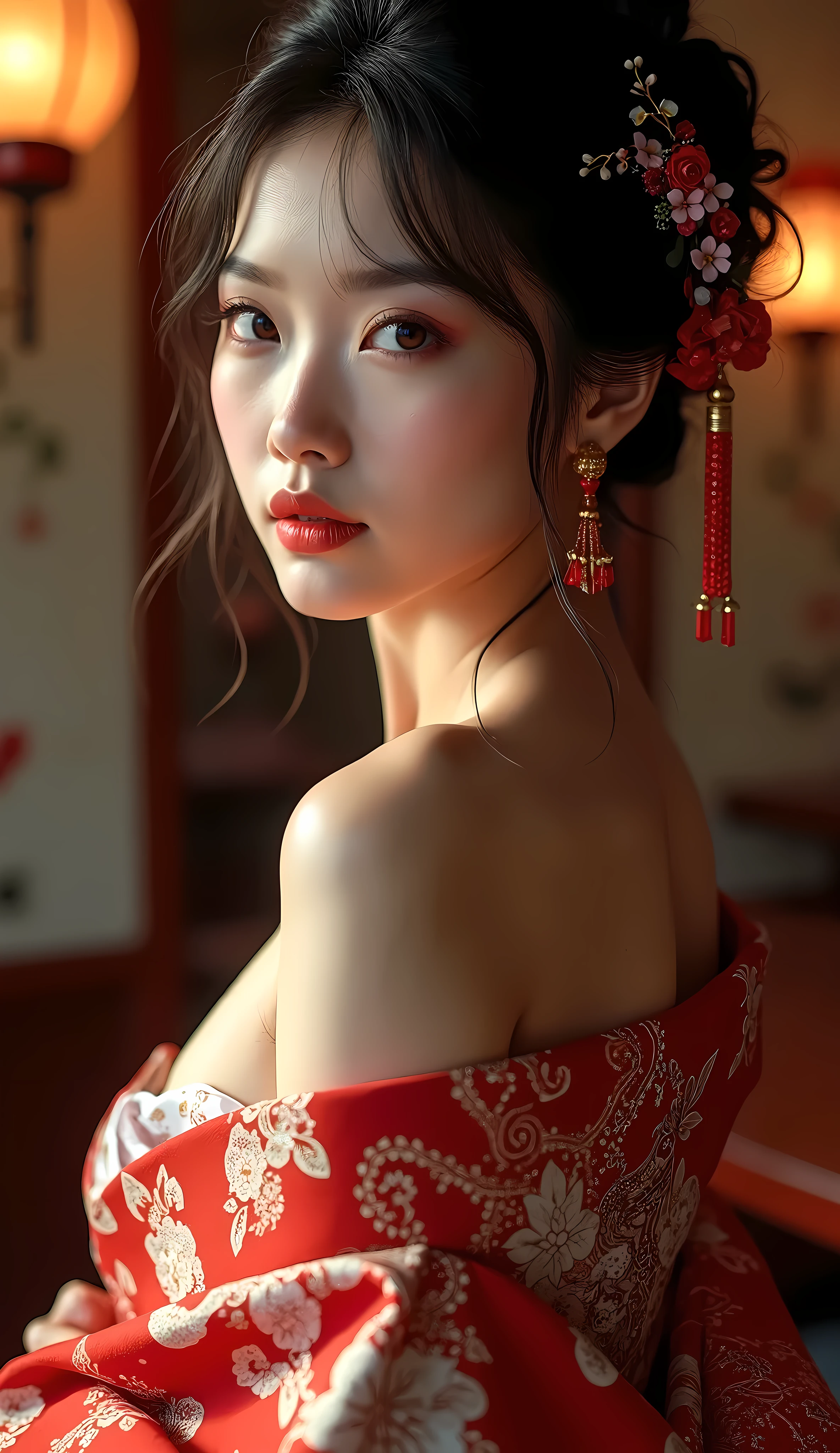 1 beautiful japanese woman in elegant kimono, one shoulder exposed, charming and sweet, mature cute and sensual, alluring gaze, high quality, hyper detailed, realistic, cinematic lighting, warm colors, intricate details, photorealistic, dramatic pose, studio lighting, 8k, masterpiece