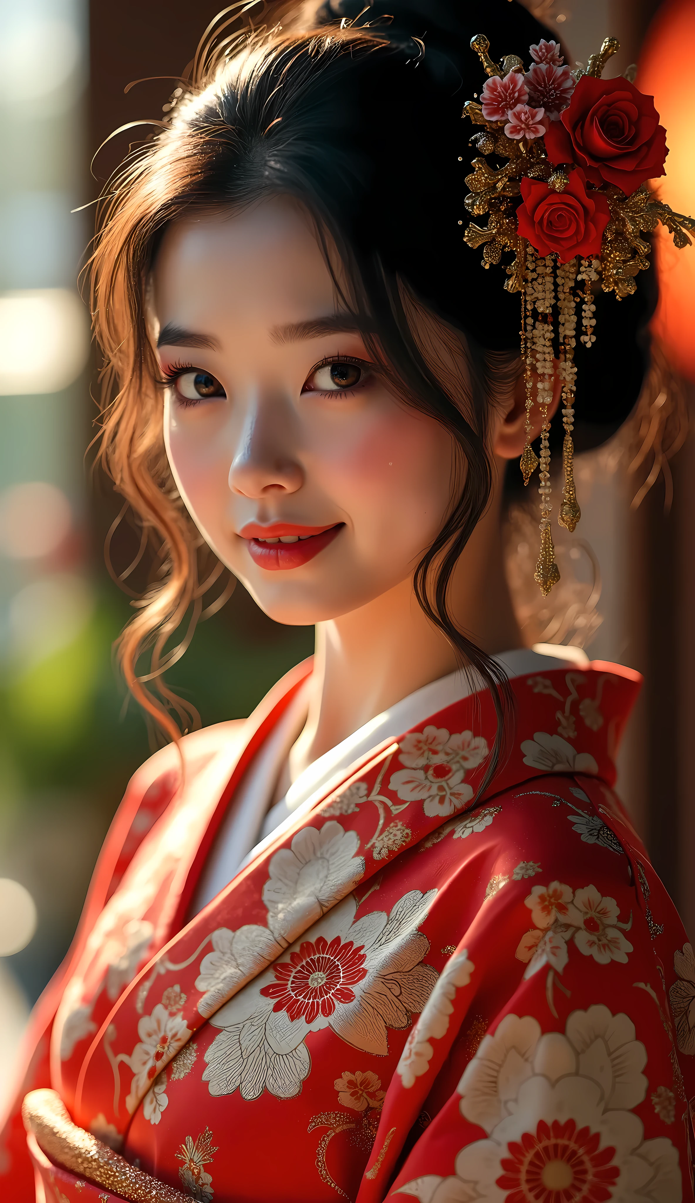 1 beautiful japanese woman in high quality kimono, one shoulder exposed, alluring and charming, cute and friendly expression, sensual and elegant pose, captivating the audience, detailed face, intricate kimono patterns, cinematic lighting, warm color tones, high resolution, photorealistic, masterpiece