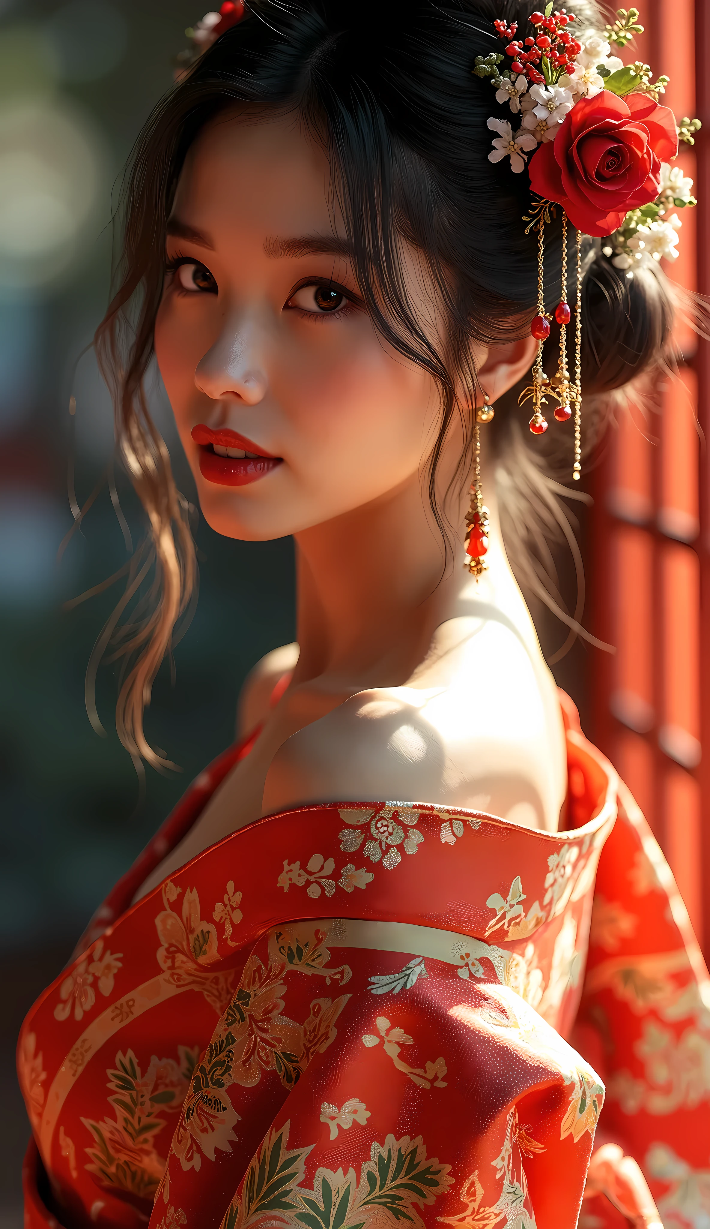 1 beautiful japanese woman in high quality kimono, one shoulder exposed, alluring and charming, cute and friendly expression, sensual and elegant pose, captivating the audience, detailed face, intricate kimono patterns, cinematic lighting, warm color tones, high resolution, photorealistic, masterpiece