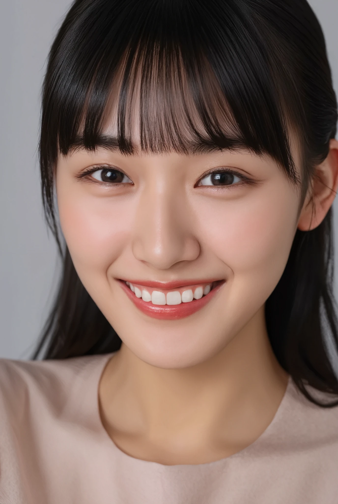 smile, (Best Quality:1.5), (Skin texture and pores:1.7), Sharp focus captures the entire face、Creates natural shadows on the cheeks and forehead, (HDR:1.4), Pores and fine skin details are realistically depicted.、Lighting enhances skin texture (Skin Detail:1.8), The lips have a slight sheen、The natural pink color creates an elegant reflection of light., The hair is realistically expressed.、The background is blurred, giving it a luxurious feel with studio lighting. (Background Blur:1.3)