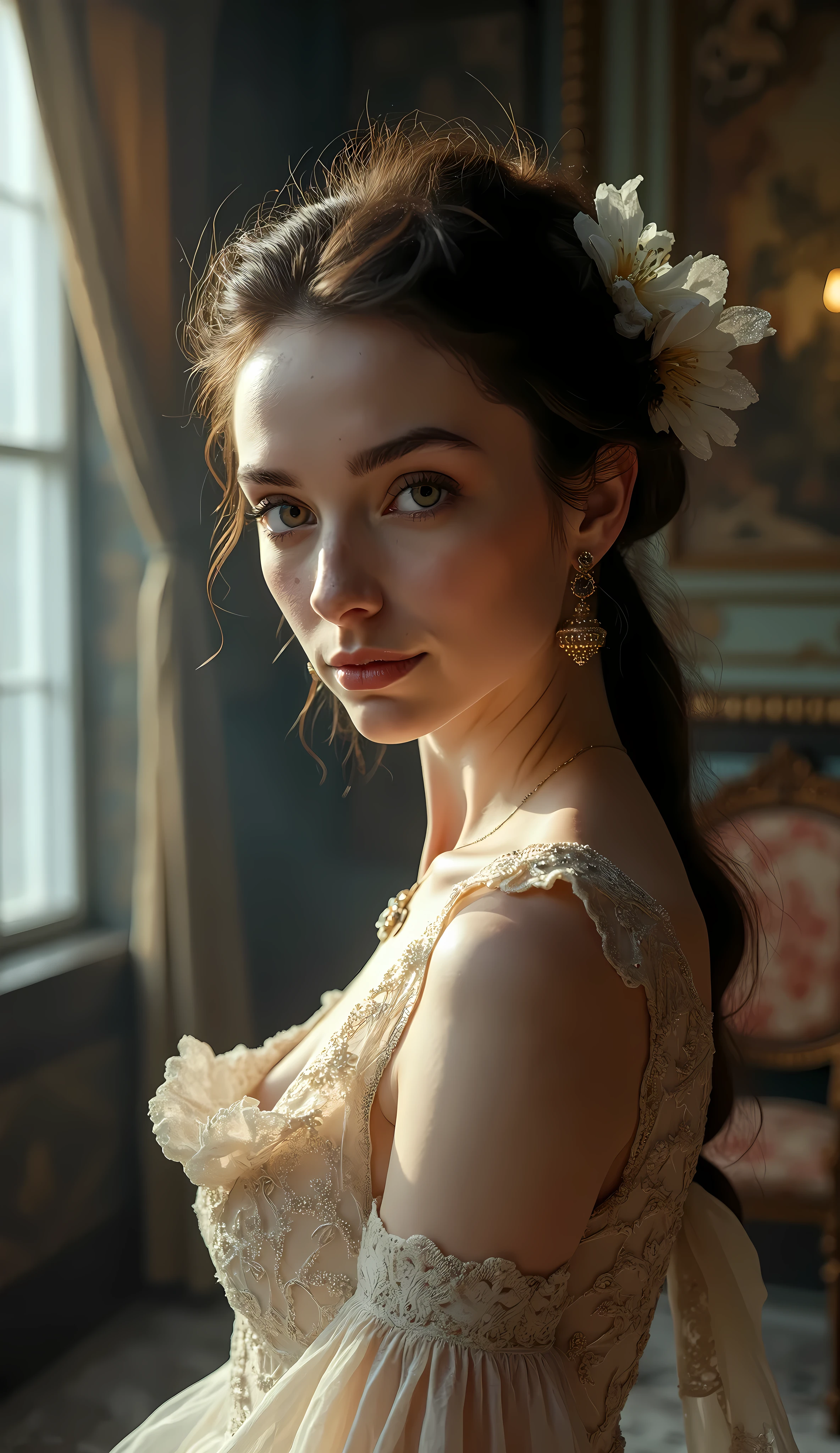 Attractive woman, Antique room, A girl who changes from a photo to an animation as she moves from left to right on the screen, The background changes gradually from animation to photography from left to right of the screen., 