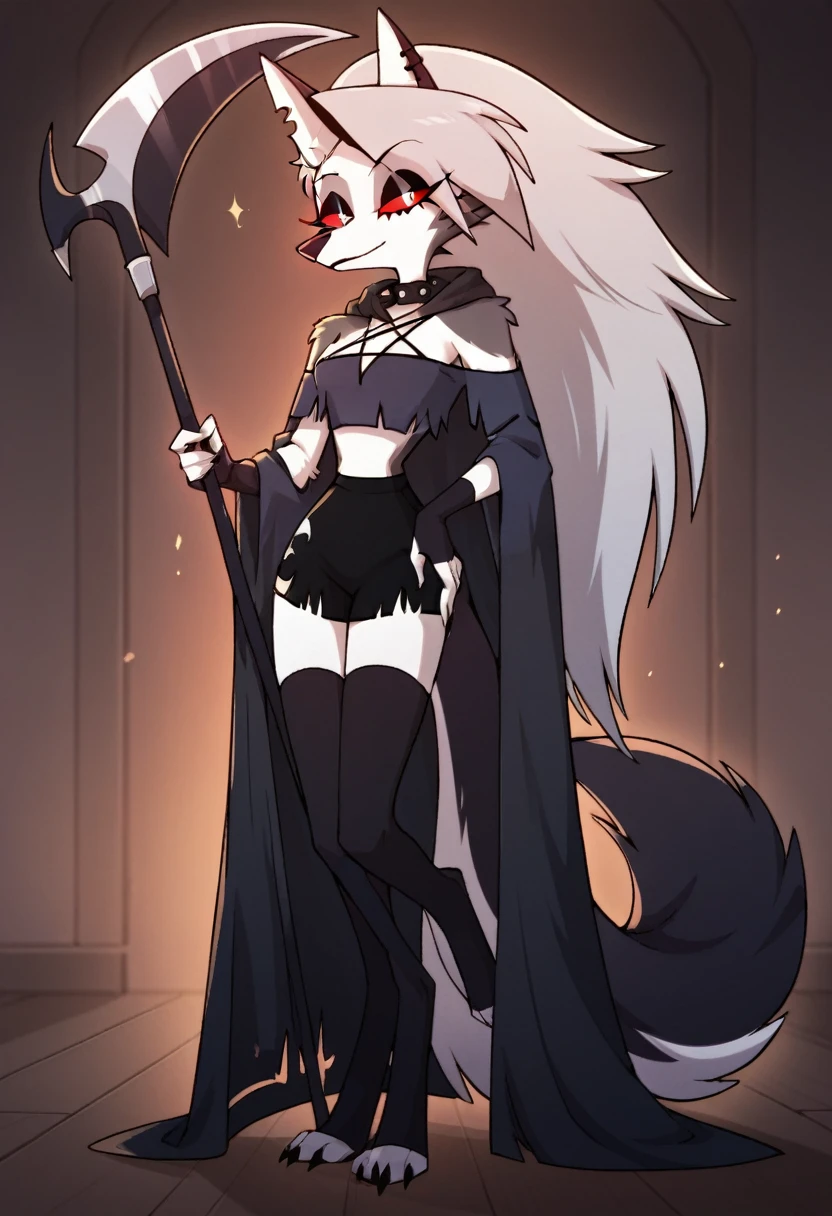 score_9, score_8_up, BREAK, source_anime, (1girl, solo), perfect body, slim, thigh highs, fingerless gloves,
anthro, robe, furry, cape covering full body, pose, sexy, black cape and cloak, hooded on, standing, room, holding scythe 
Loona \(Helluva Boss\), 