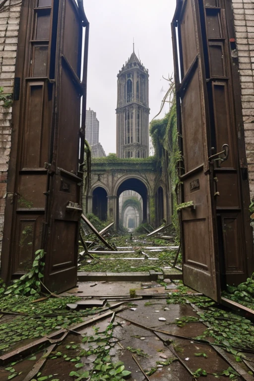 A ruined city、Ivy entangled the collapsed tower、In a city that looks like a pile of ruins, with rusty door hinges and pieces of wood that have been left abandoned for a long time,、Vines are hanging all over the place, ruining the place.